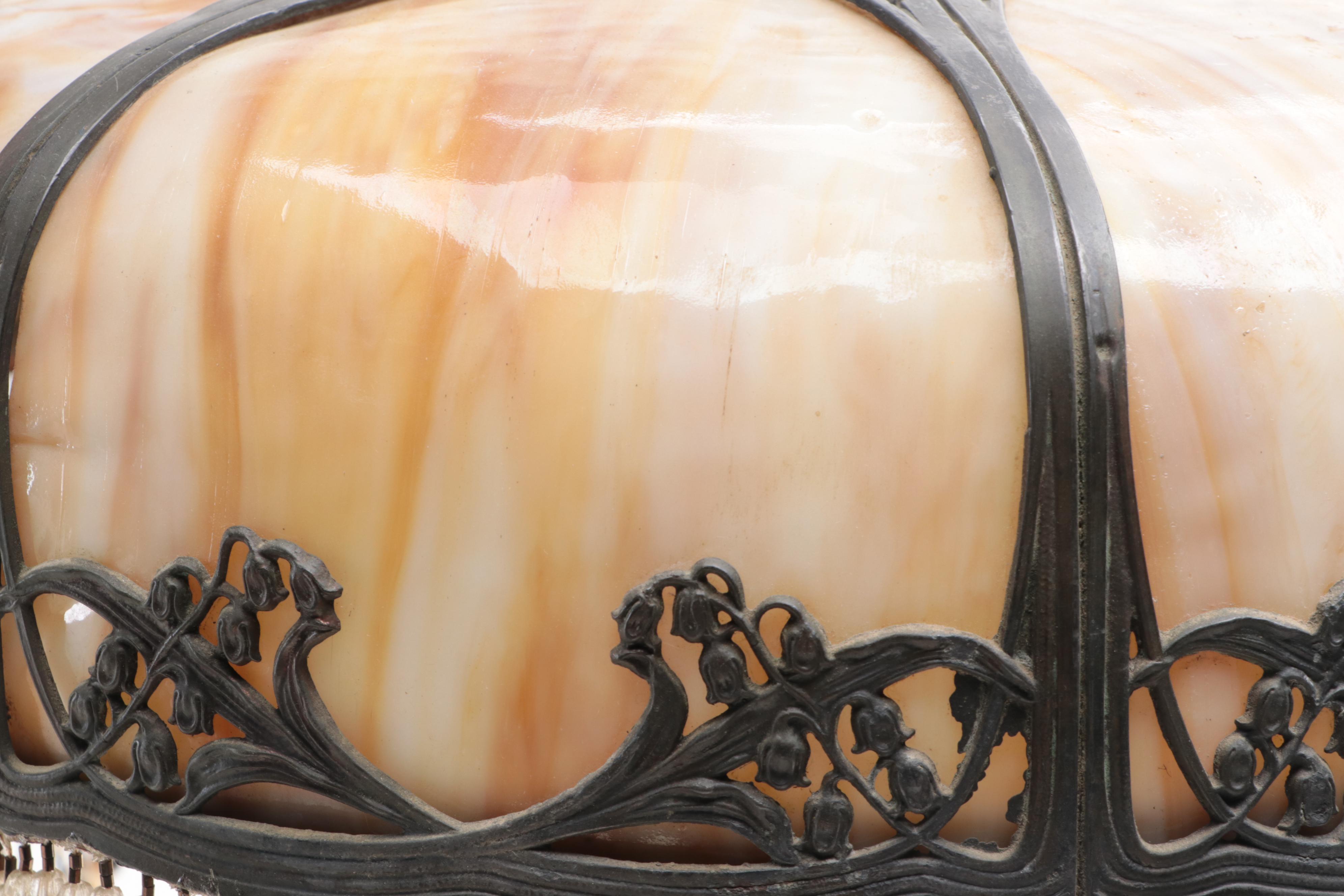 Art Nouveau Bent Slag Glass Panel and Beaded Table Lamp