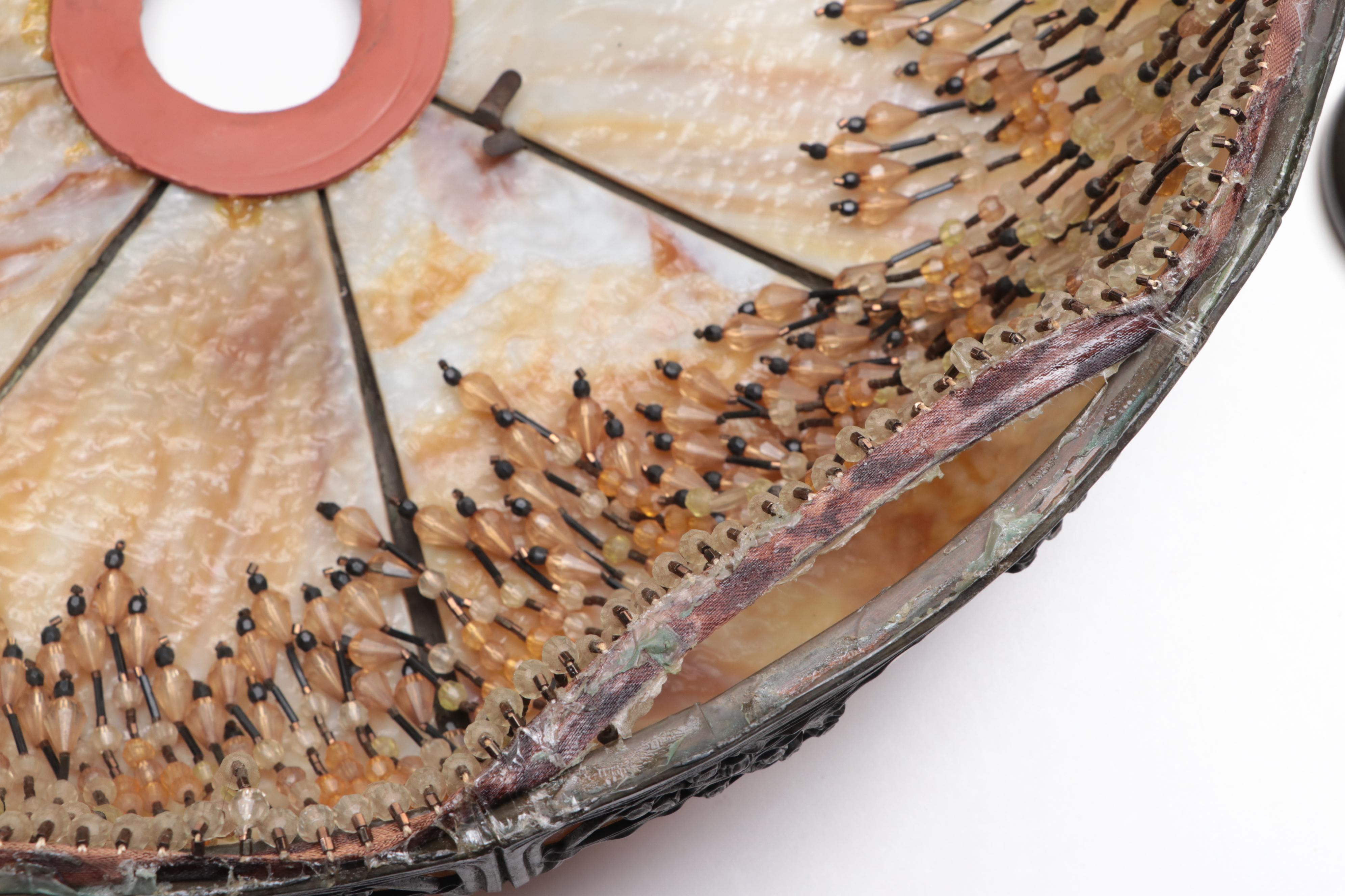 Art Nouveau Bent Slag Glass Panel and Beaded Table Lamp