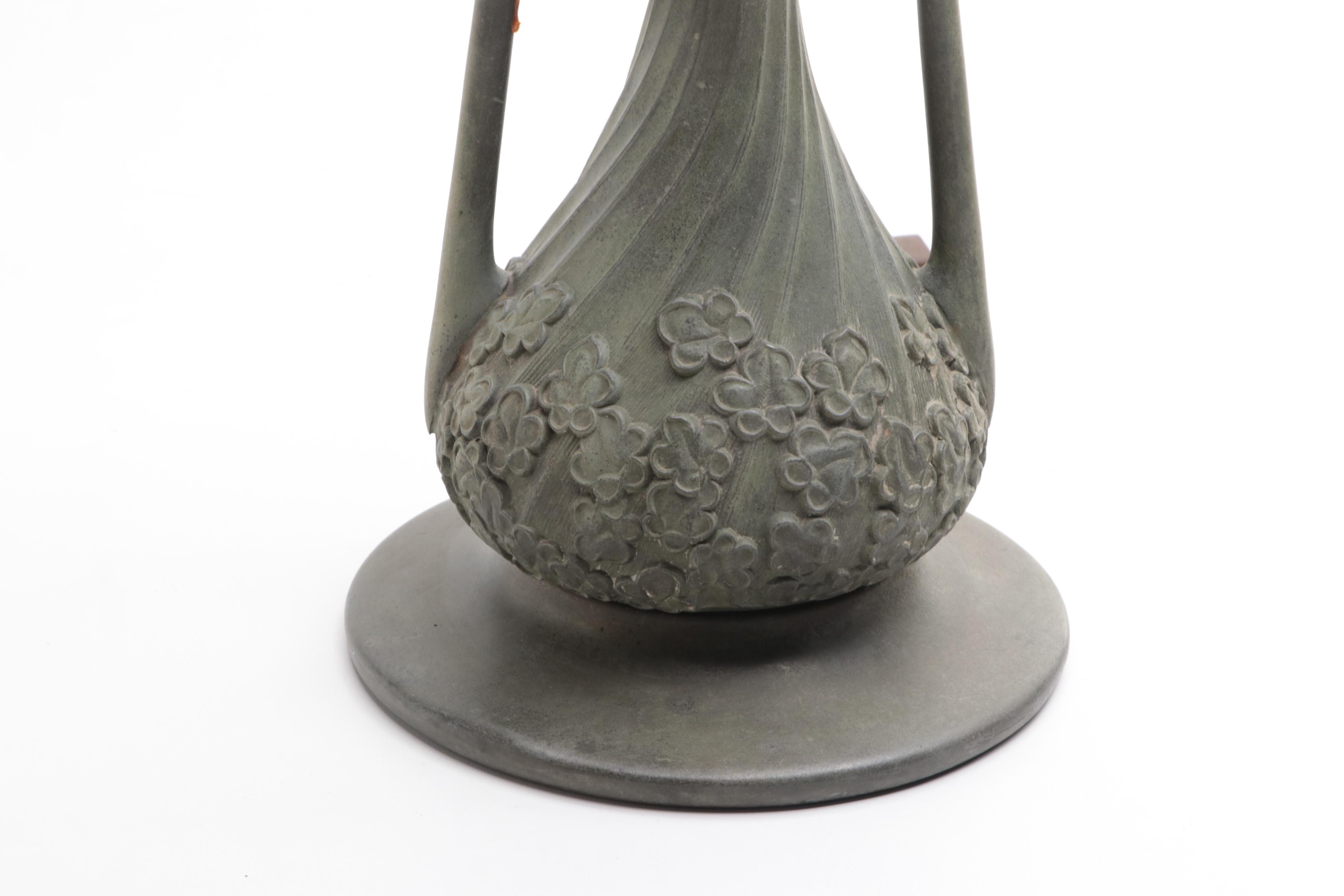 Art Nouveau Bent Slag Glass Panel and Beaded Table Lamp