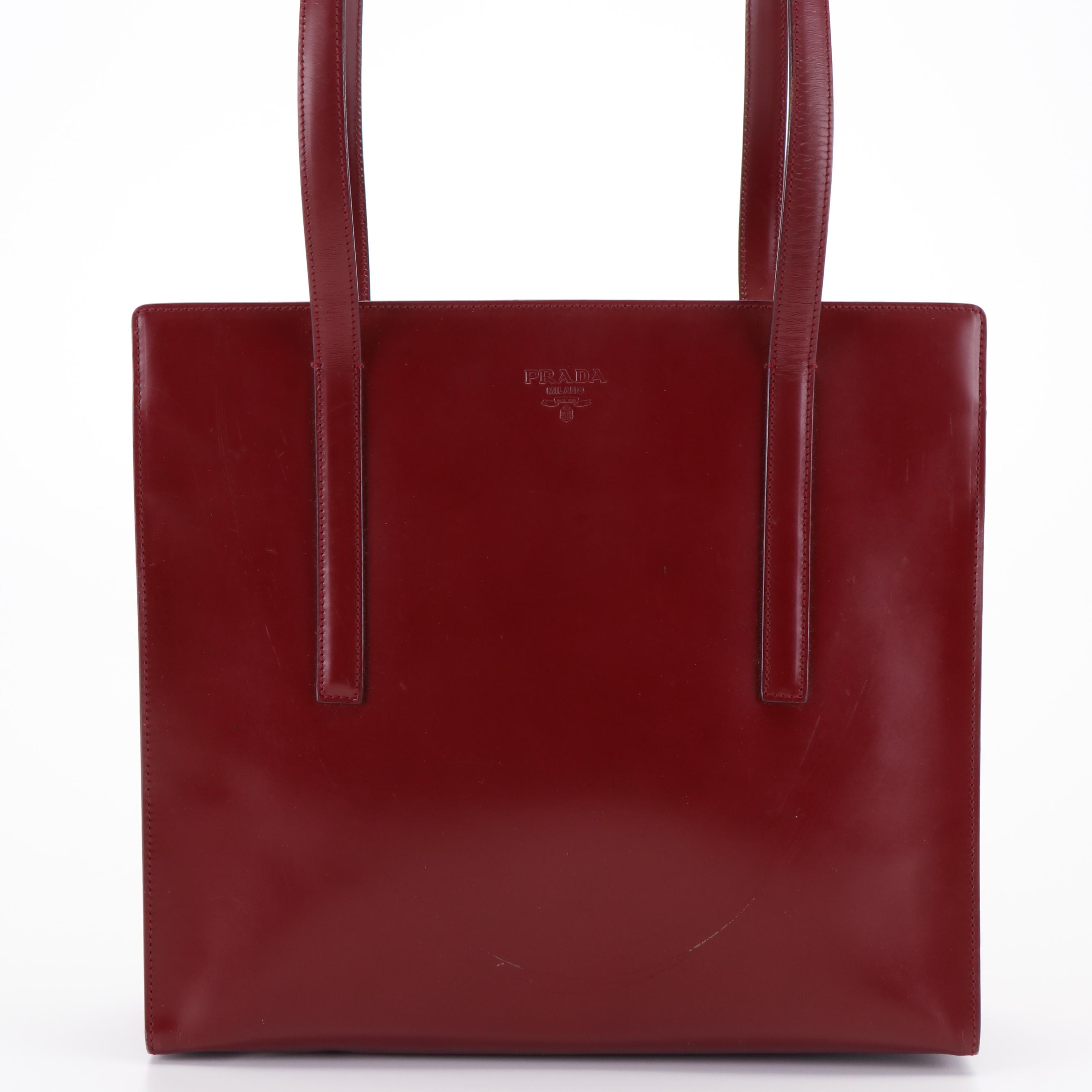 Prada Top Zip Red Leather Tote Bag
