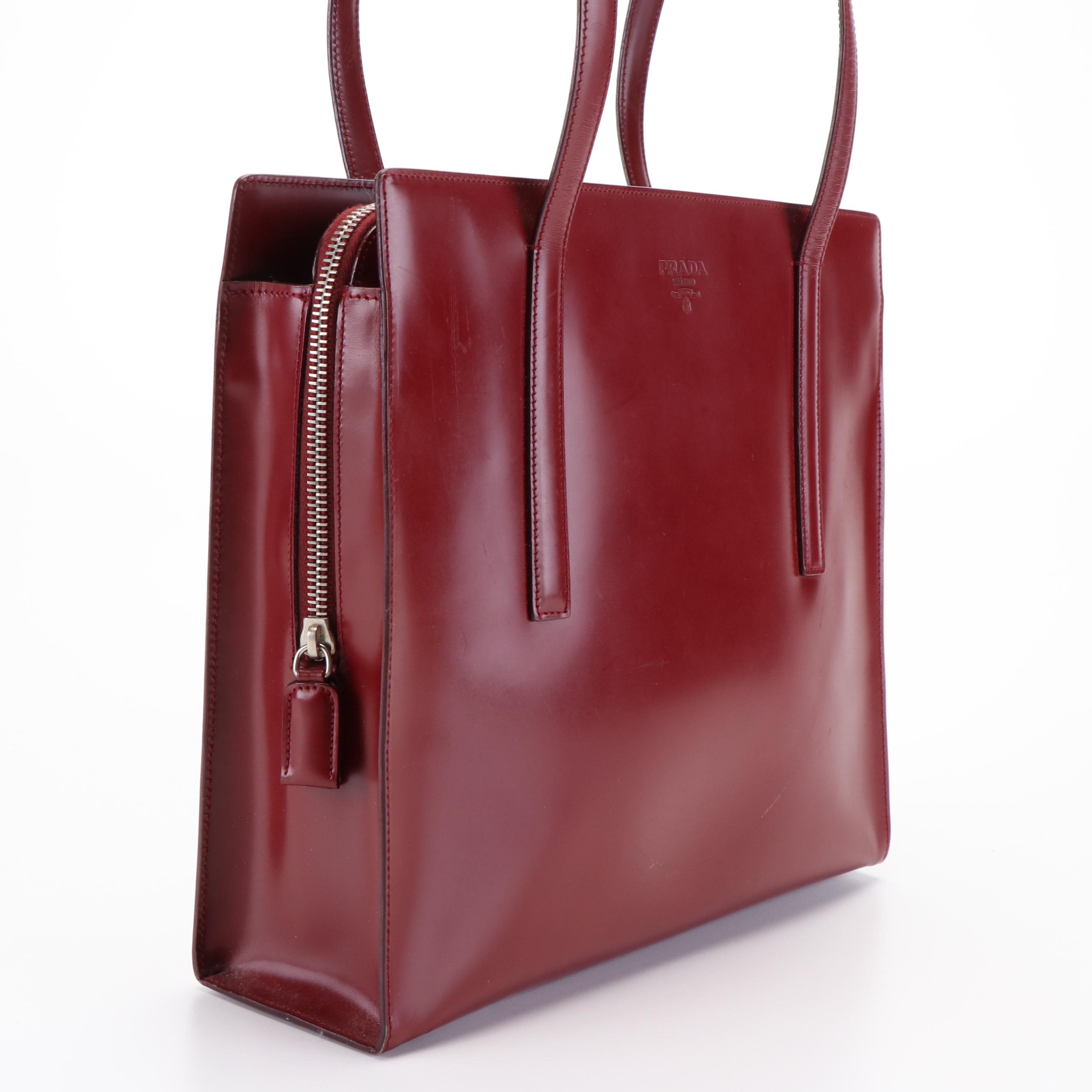 Prada Top Zip Red Leather Tote Bag