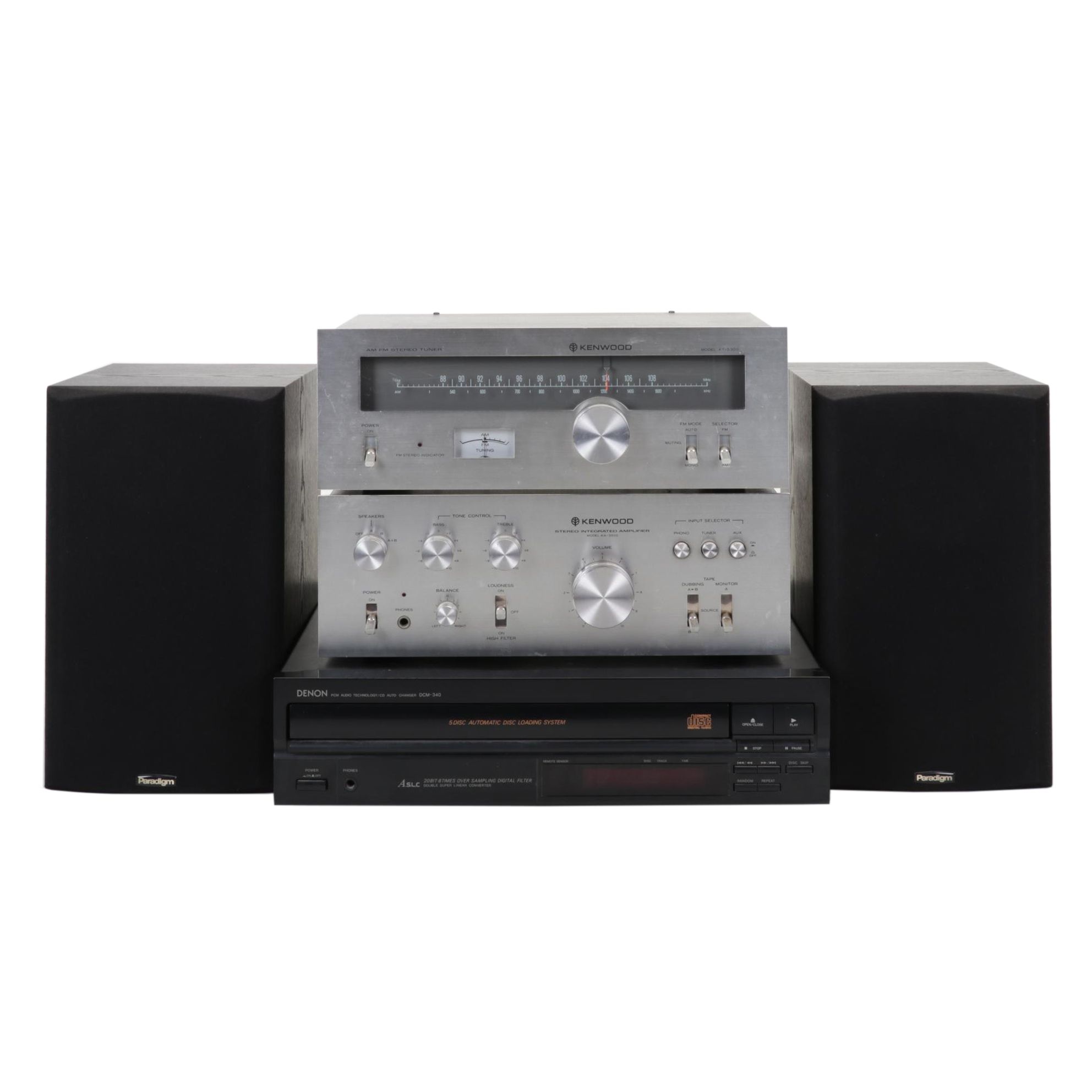 Stereo System with Kenwood Amplifier and Tuner and Denon CD Changer