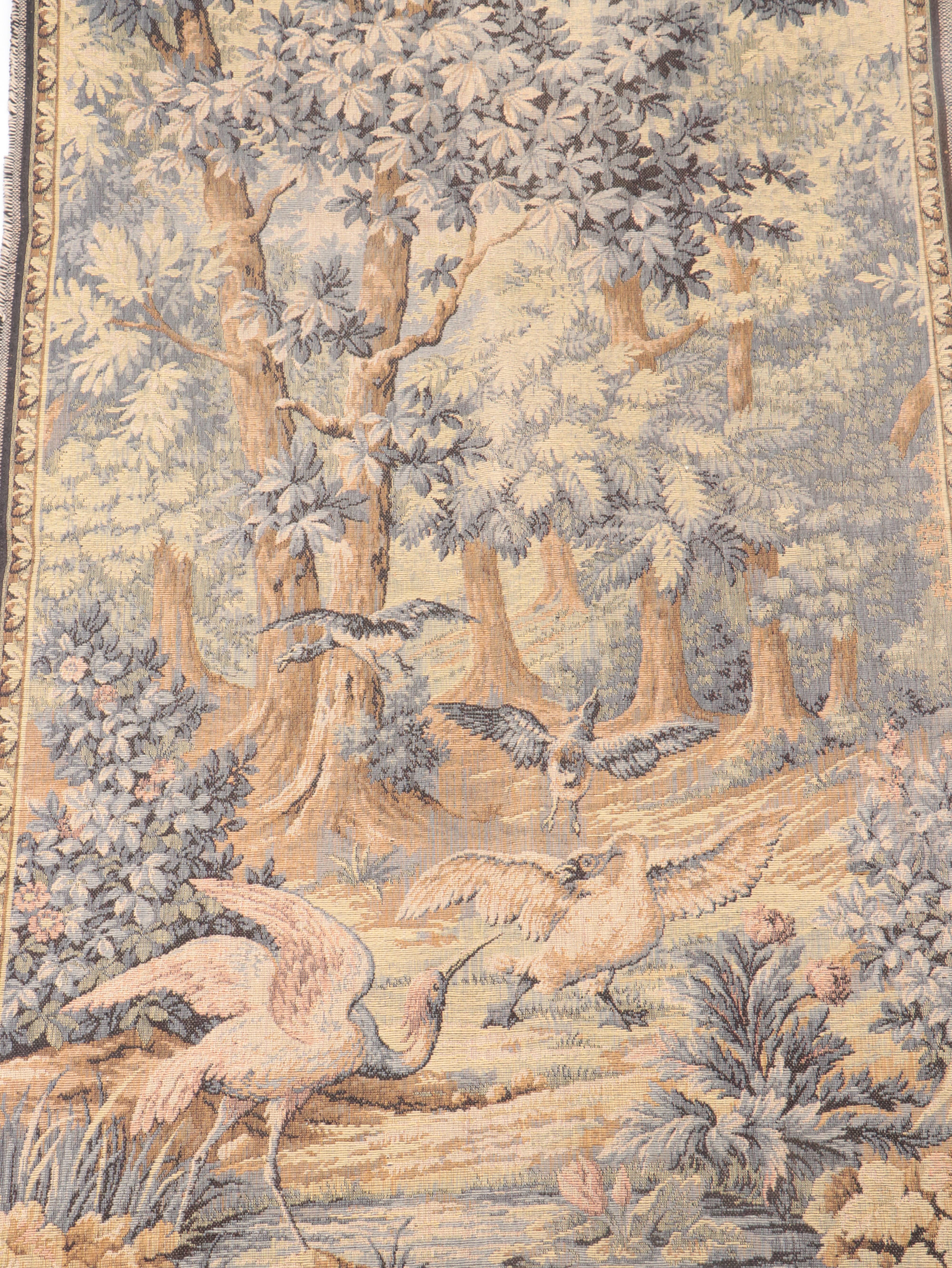 French Machine Made Tapestry Wall Hanging of Birds in Forest