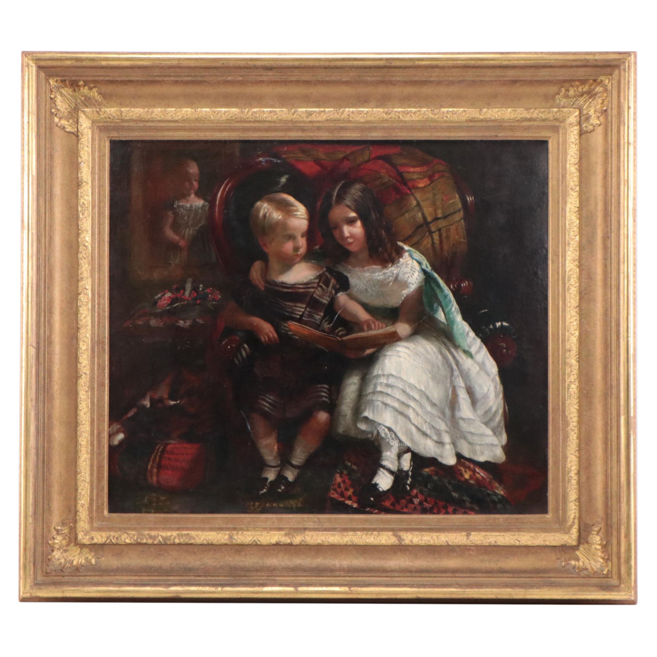 Oil Painting of Victorian Children Reading, Late 19th Century