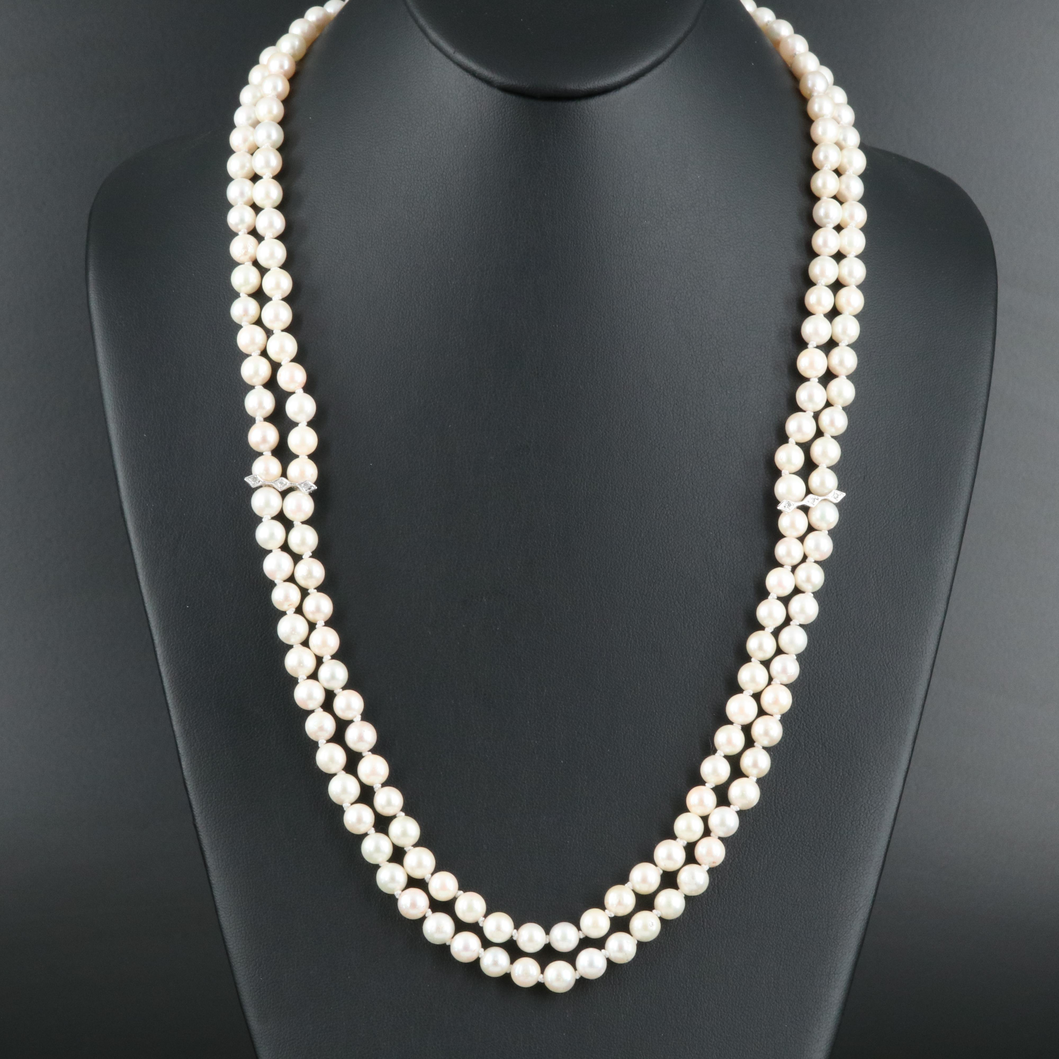 14K 0.85 CTW Diamond Clasp on Double Strand Pearl Necklace