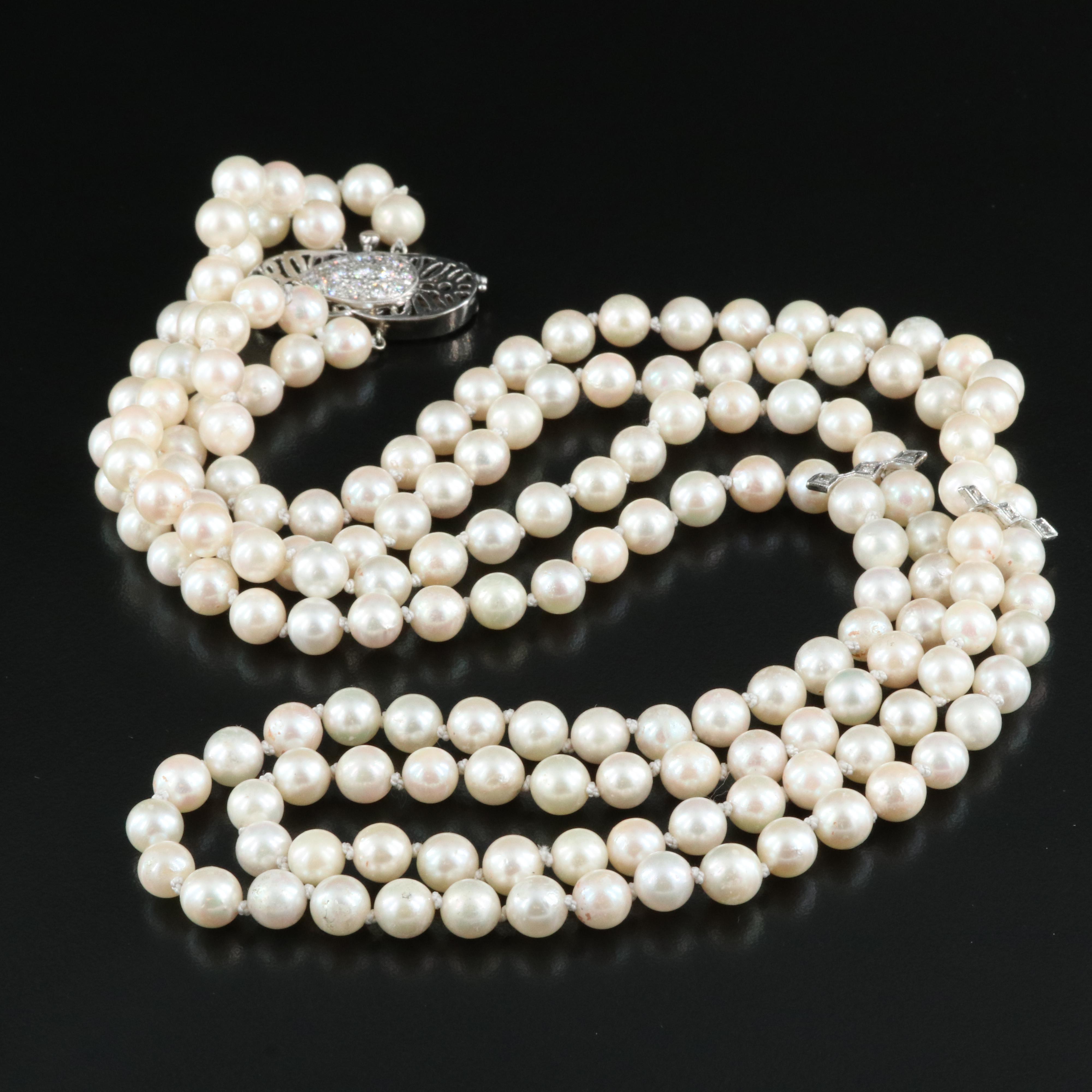 14K 0.85 CTW Diamond Clasp on Double Strand Pearl Necklace
