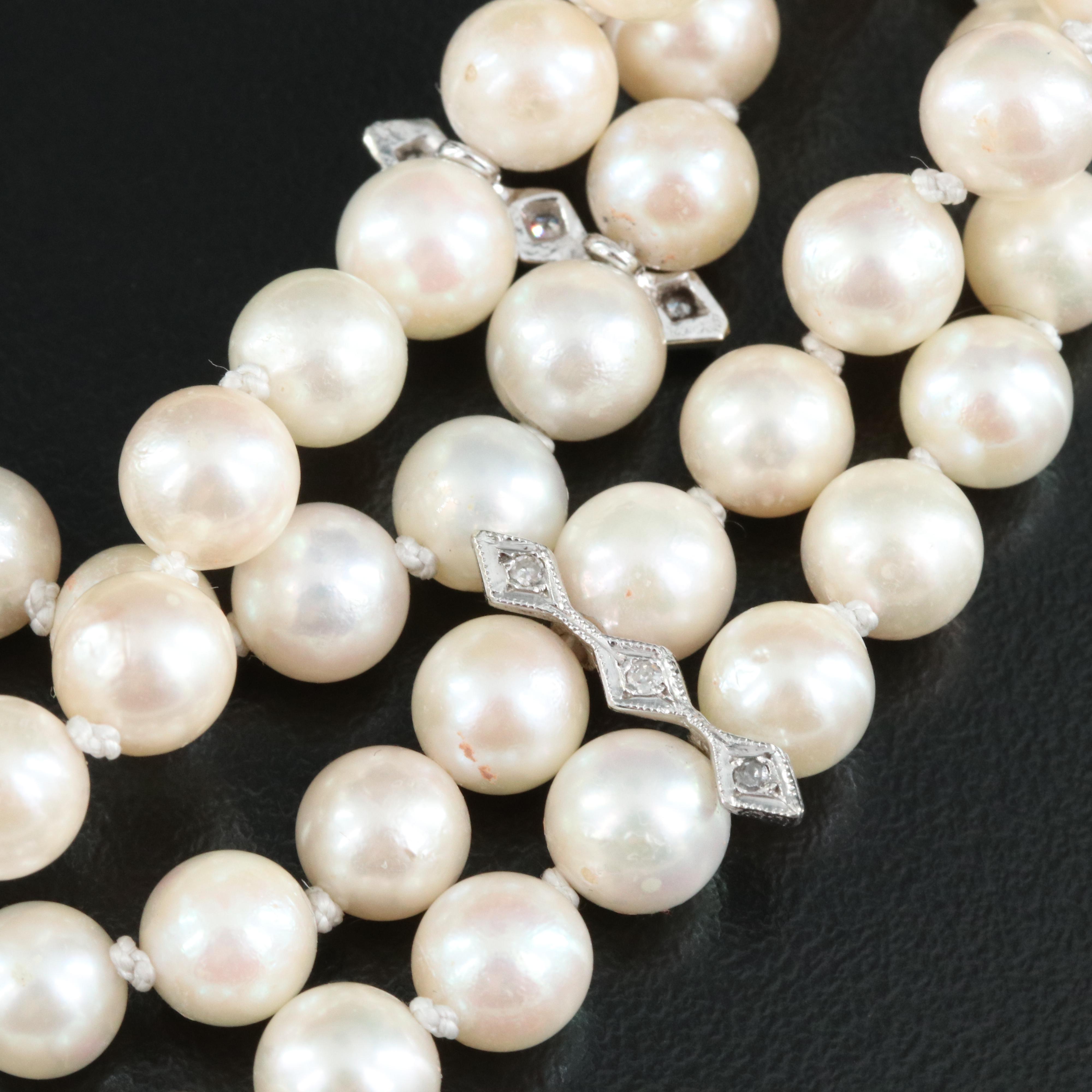 14K 0.85 CTW Diamond Clasp on Double Strand Pearl Necklace