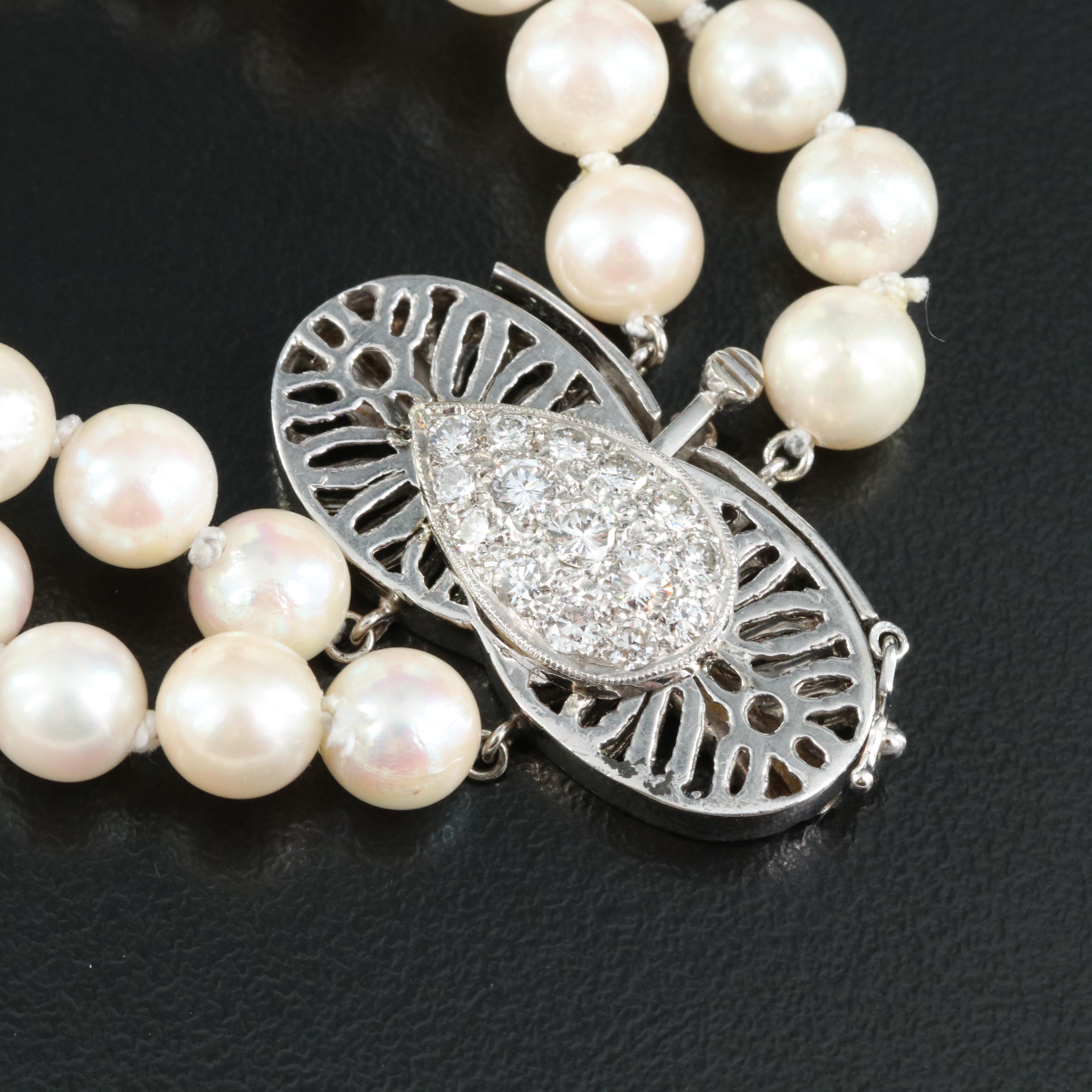 14K 0.85 CTW Diamond Clasp on Double Strand Pearl Necklace