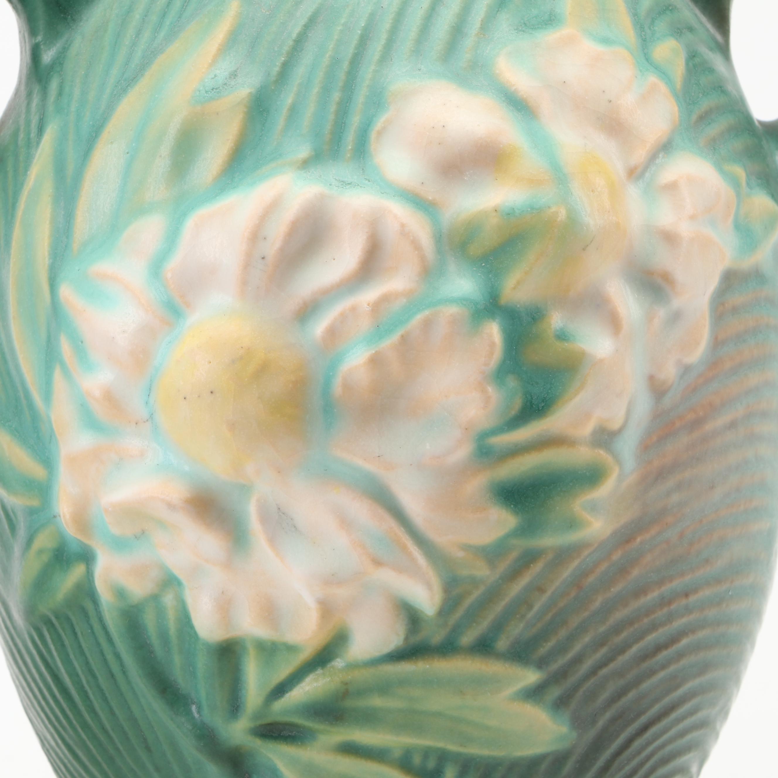 Roseville Pottery Gardenia and Peony Vases With Gardenia Candlesticks and Bowl