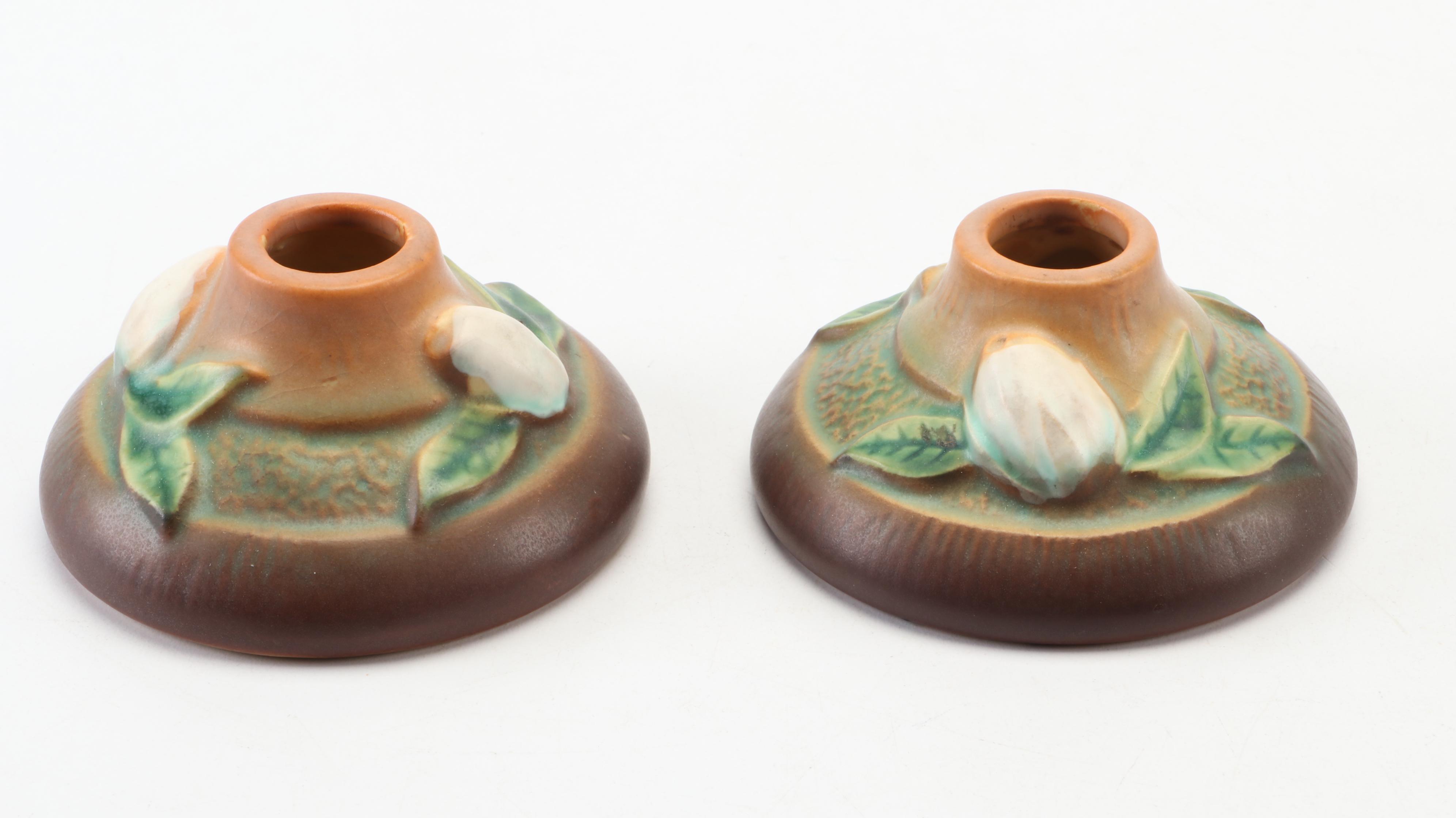 Roseville Pottery Gardenia and Peony Vases With Gardenia Candlesticks and Bowl