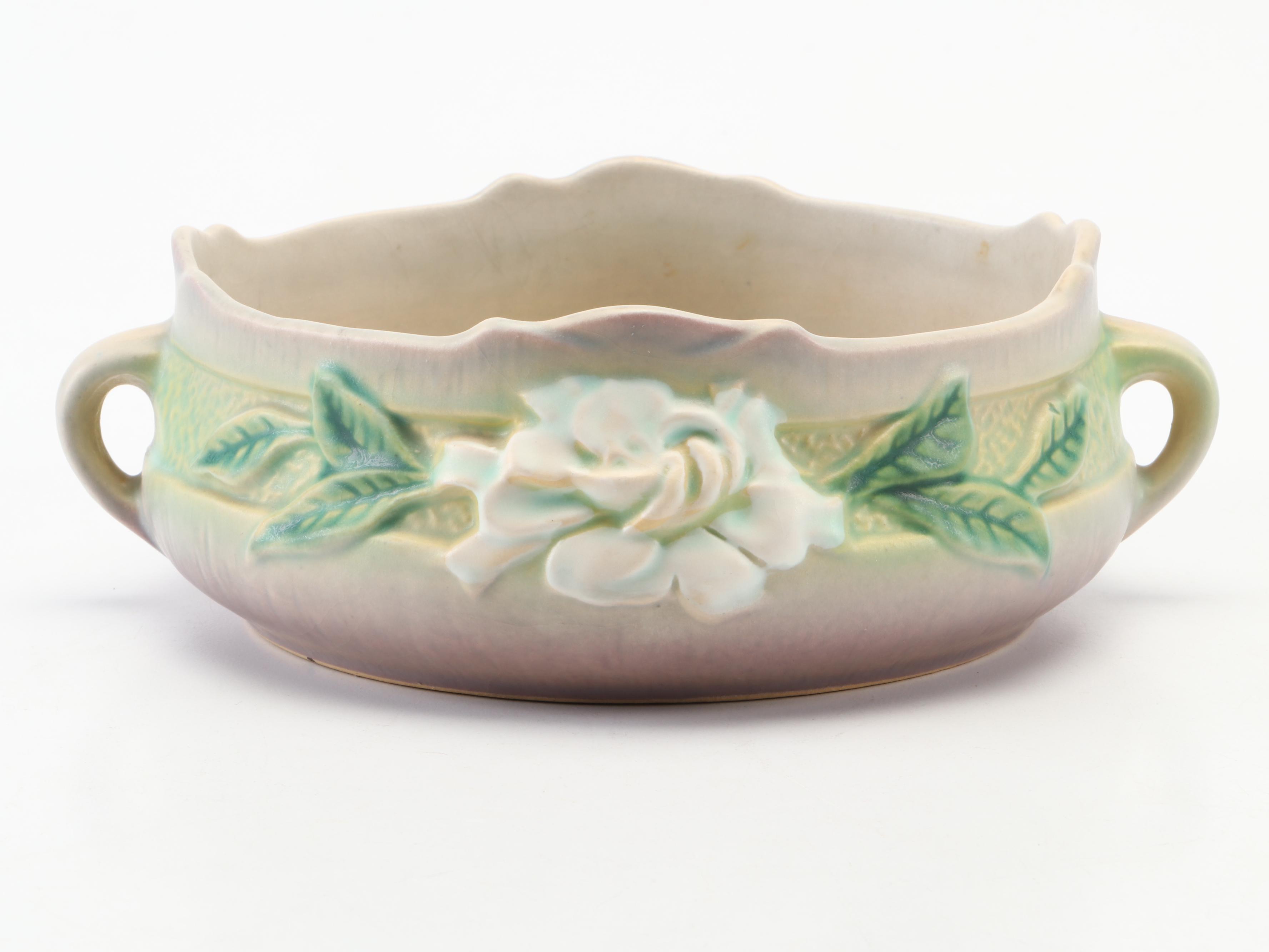 Roseville Pottery Gardenia and Peony Vases With Gardenia Candlesticks and Bowl