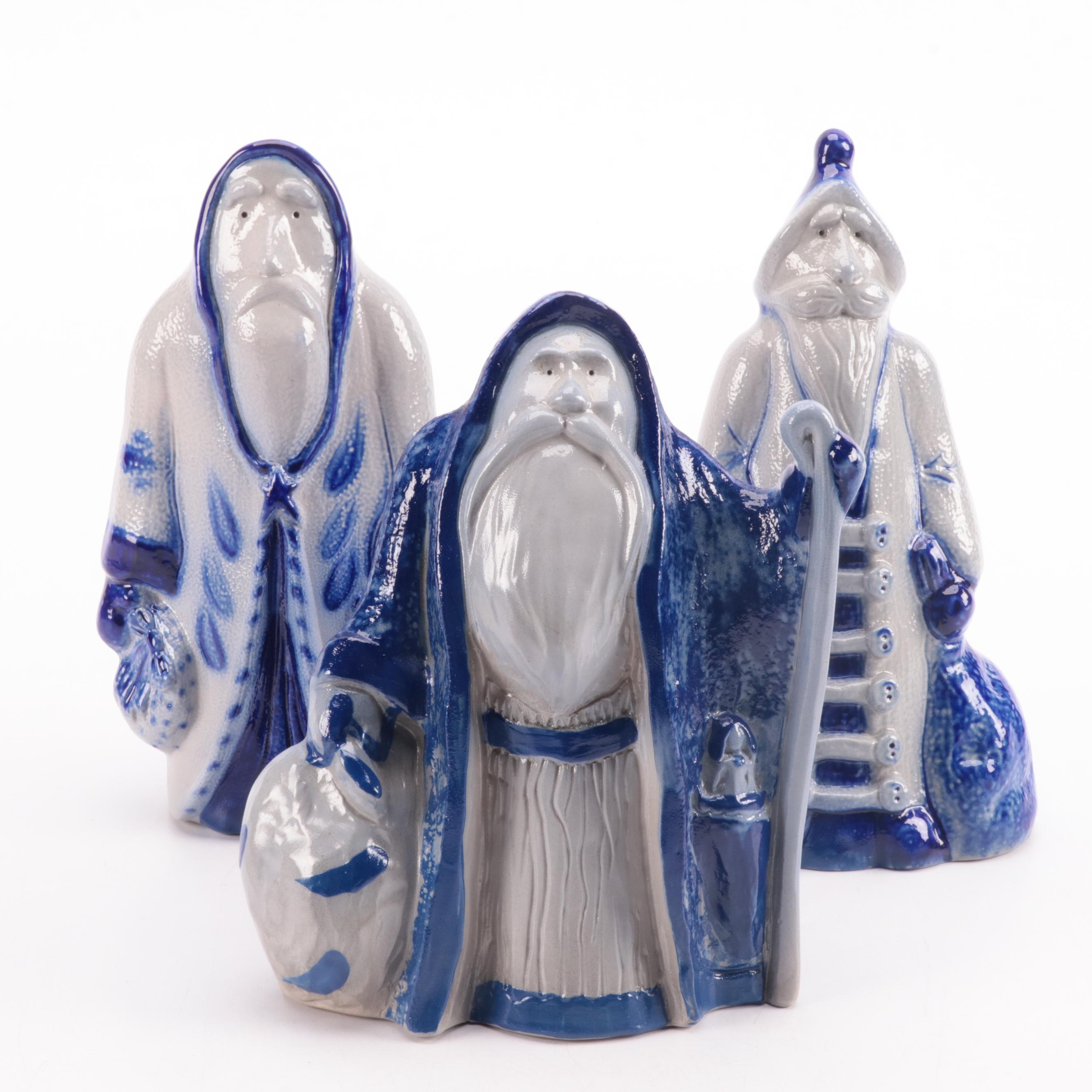 Eldreth Pottery Cobalt Salt Glazed Stoneware Father Christmas Figurines