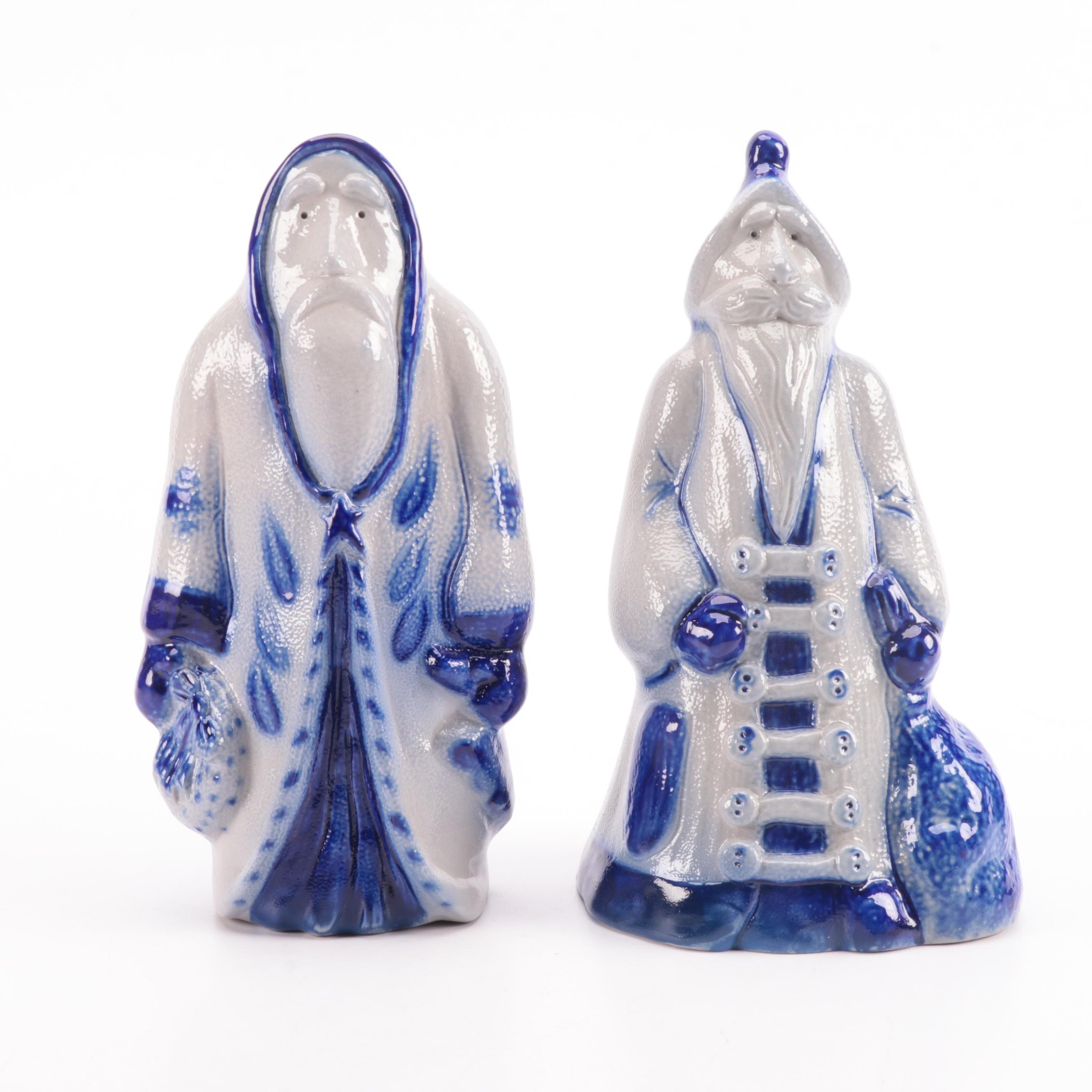 Eldreth Pottery Cobalt Salt Glazed Stoneware Father Christmas Figurines