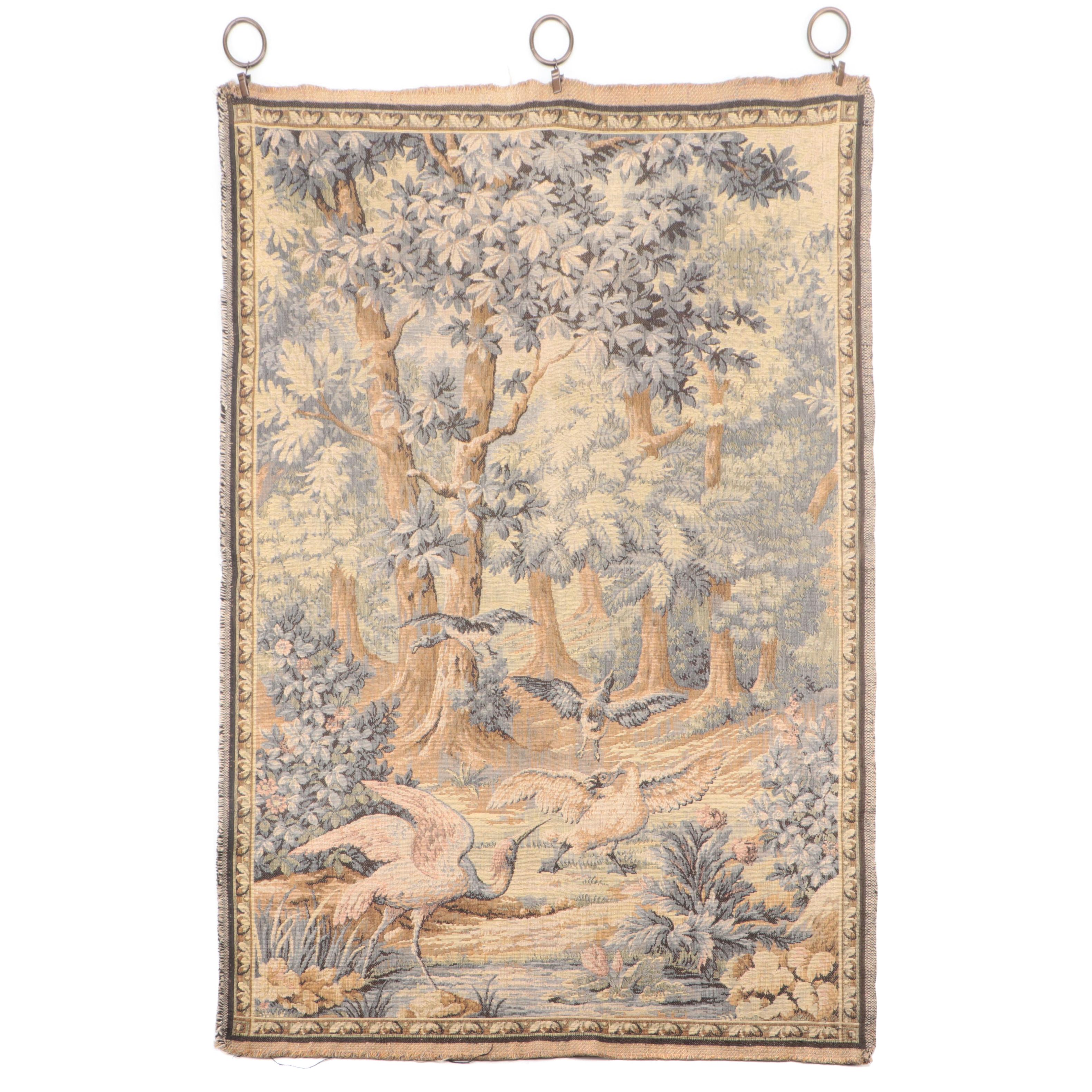 French Machine Made Tapestry Wall Hanging of Birds in Forest