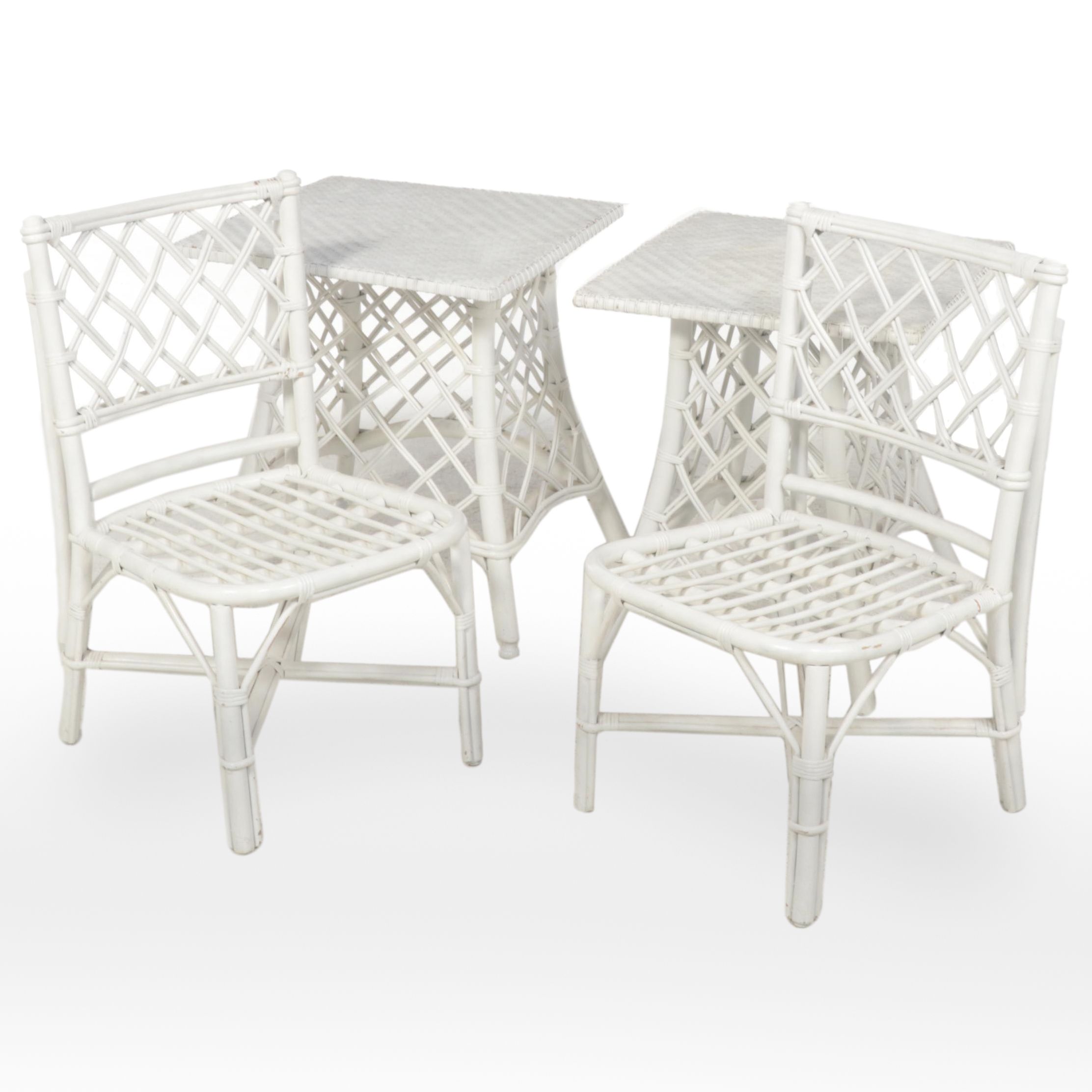 White-Painted Rattan Side Chairs and Tables
