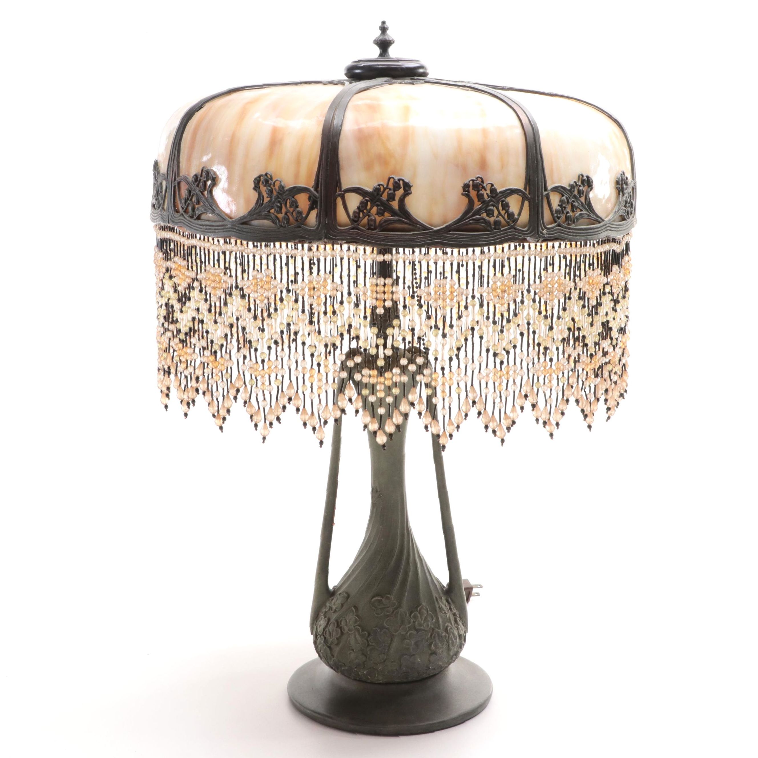Art Nouveau Bent Slag Glass Panel and Beaded Table Lamp