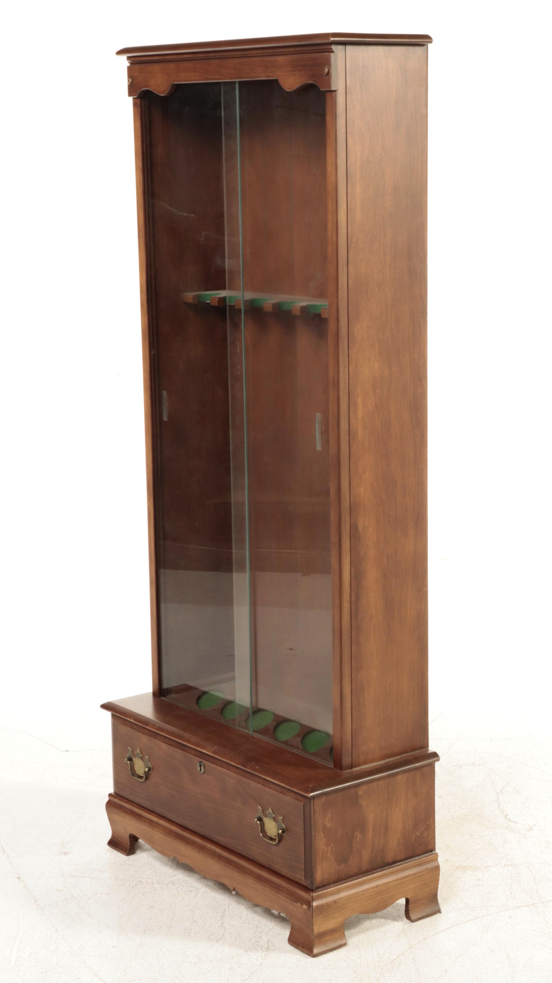 American Colonial Style Walnut-Finish Hardwood and Glass Gun Cabinet