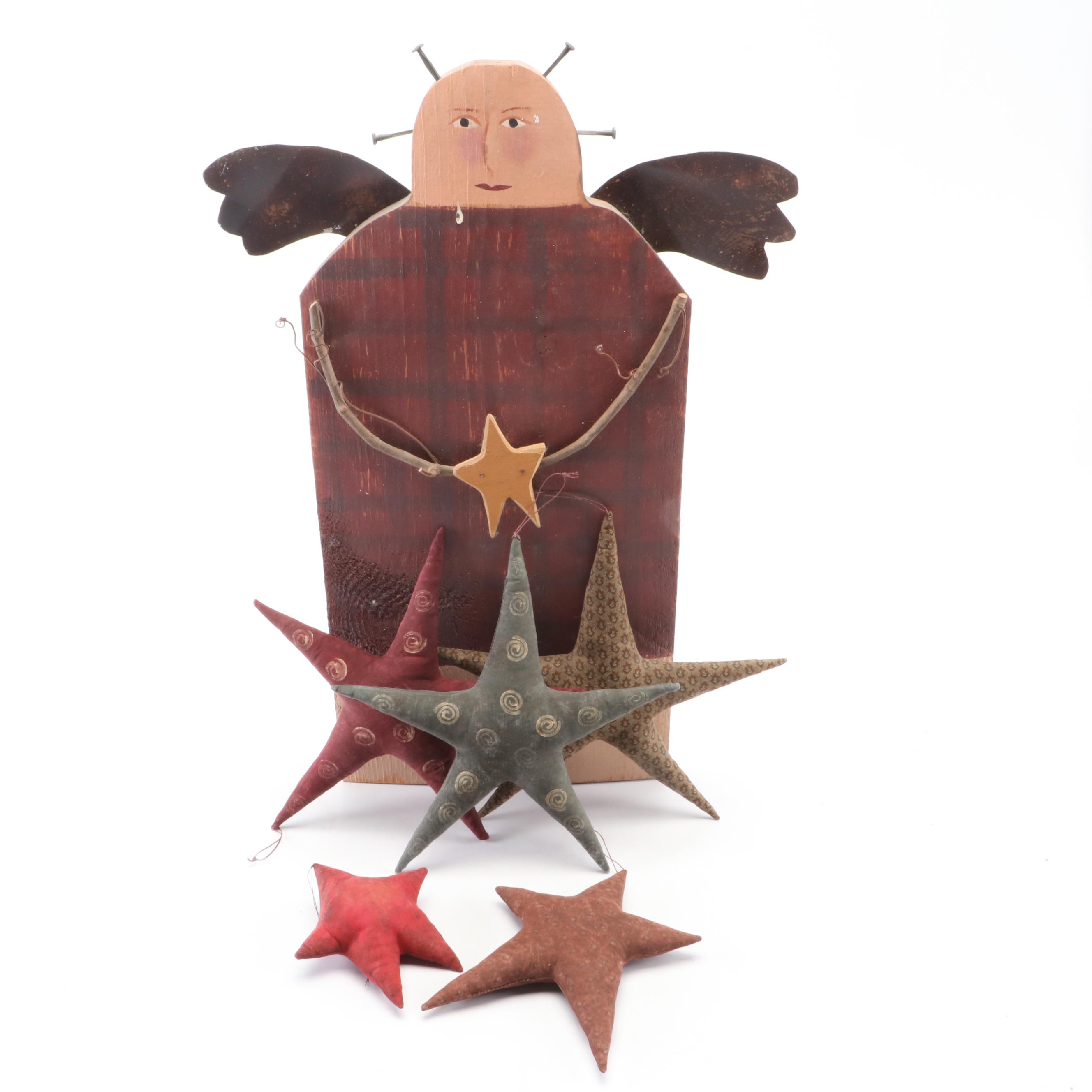 Folk Art Hand-Painted Wooden Angel With Fabric Stars