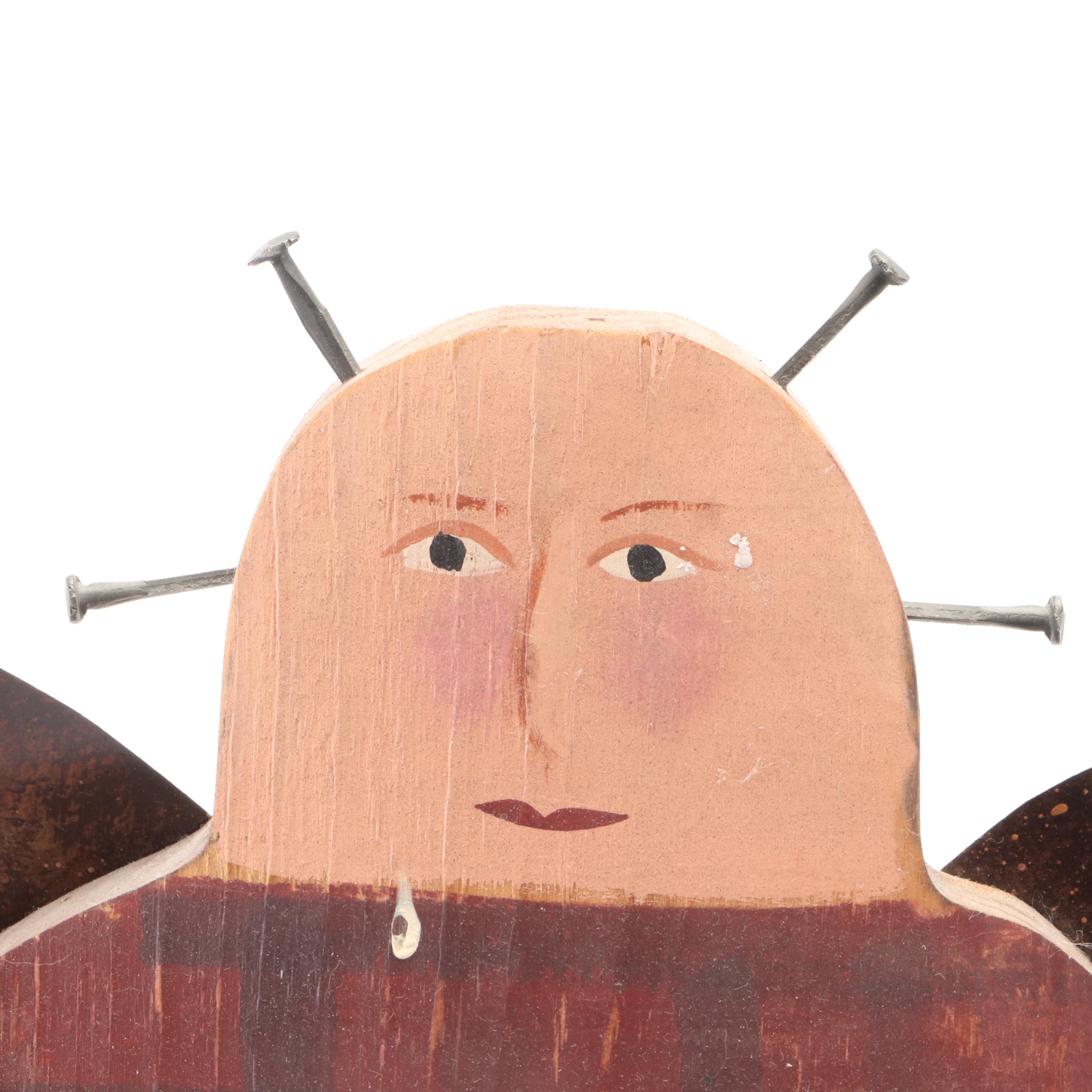 Folk Art Hand-Painted Wooden Angel With Fabric Stars