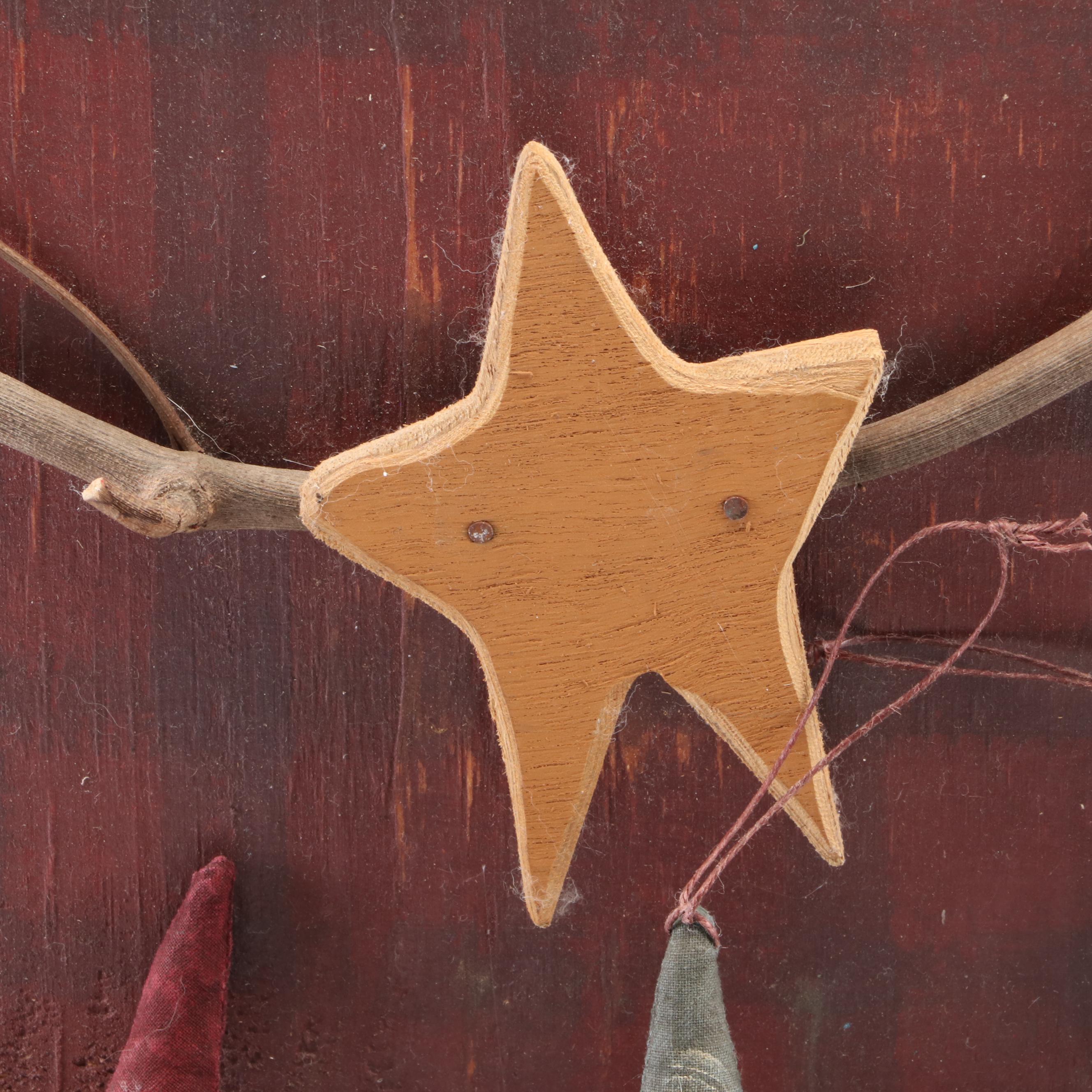 Folk Art Hand-Painted Wooden Angel With Fabric Stars