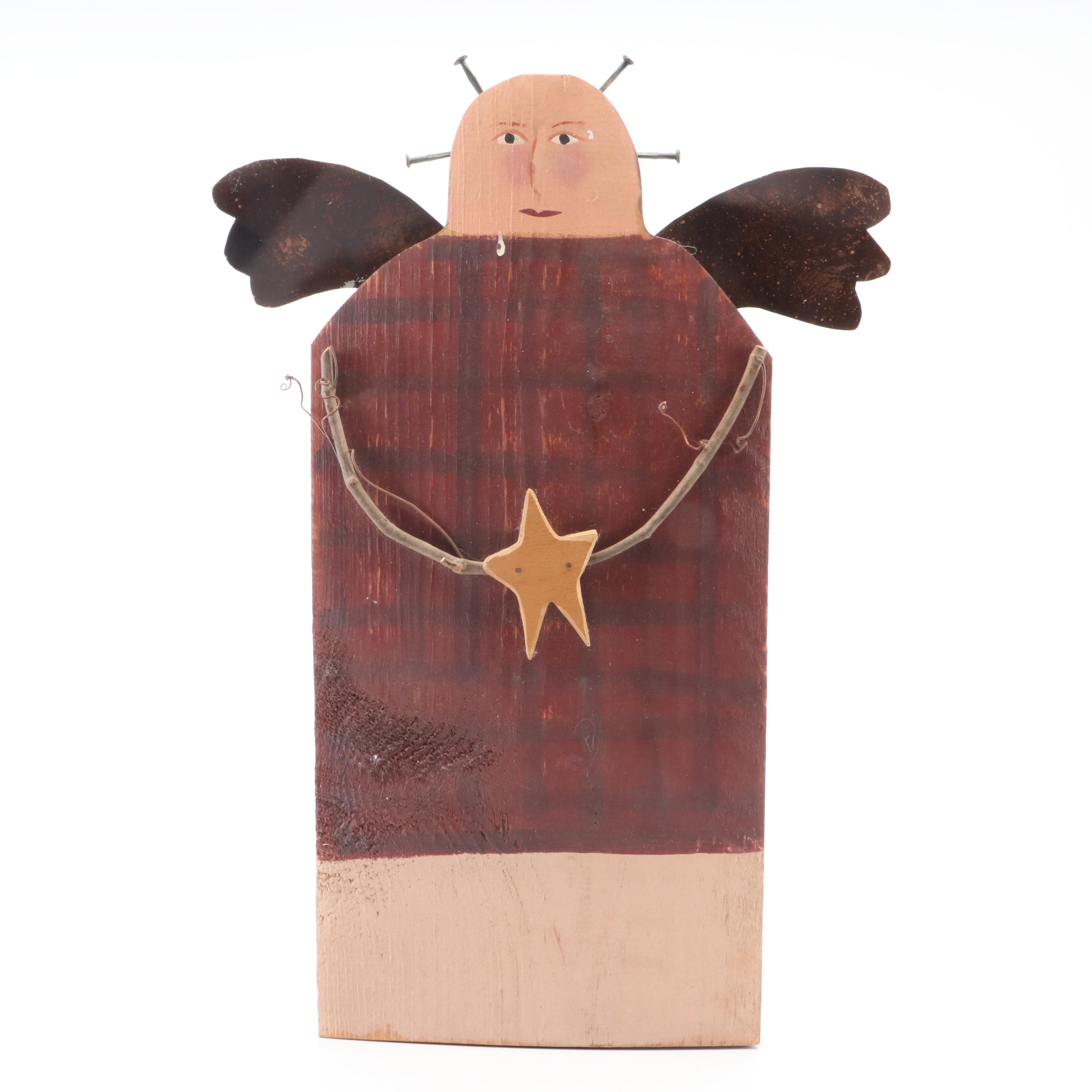 Folk Art Hand-Painted Wooden Angel With Fabric Stars
