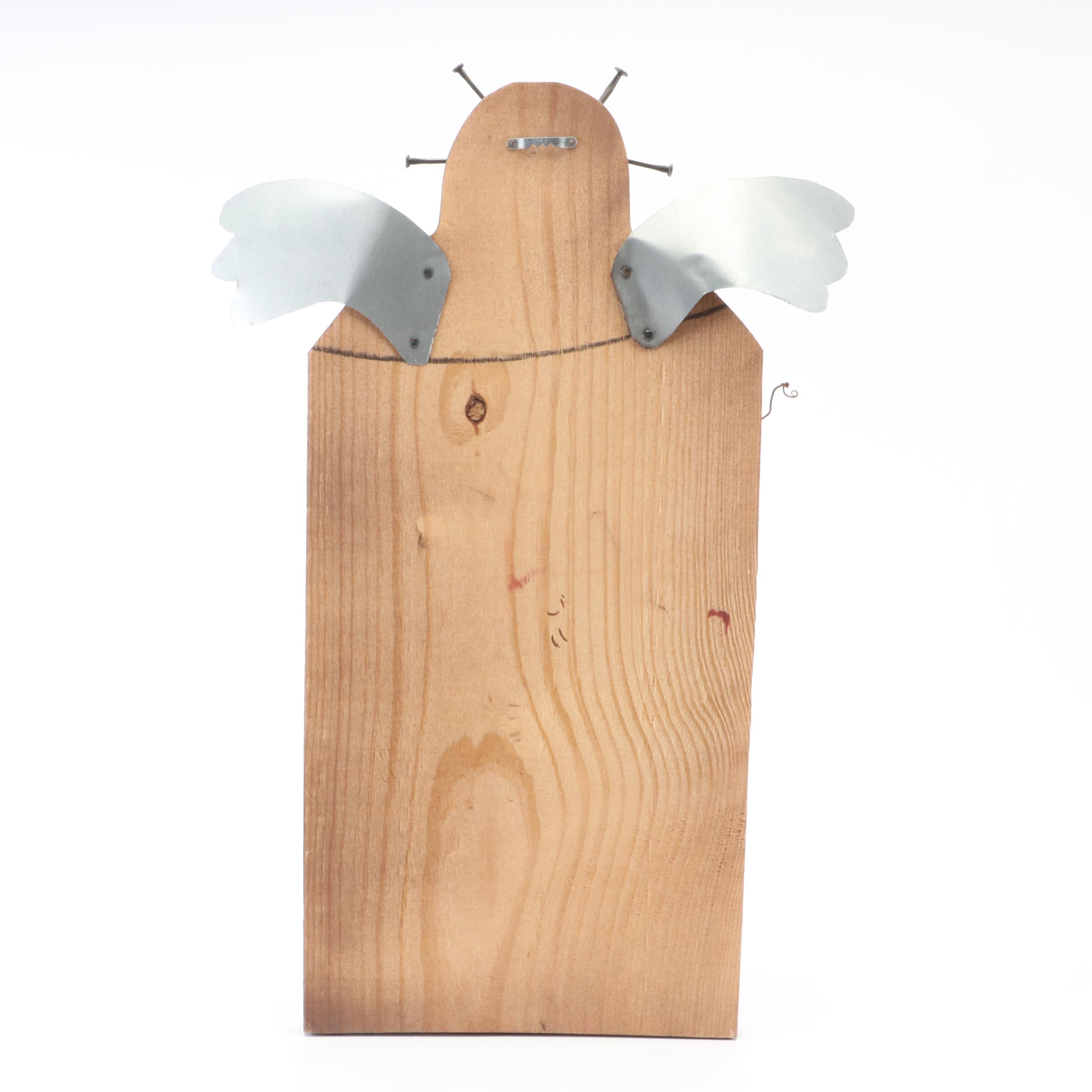 Folk Art Hand-Painted Wooden Angel With Fabric Stars