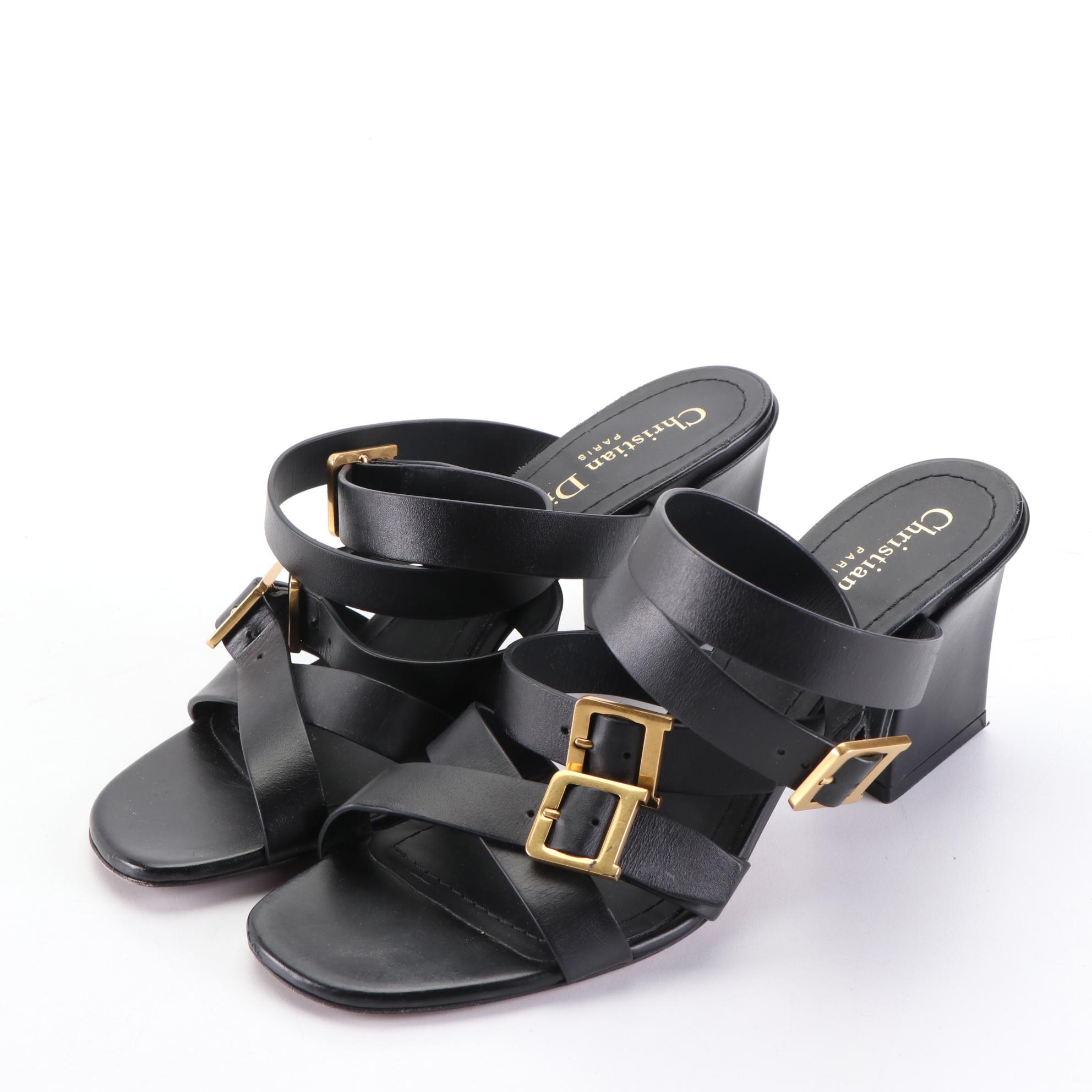 Christian Dior Black Leather Ankle Strap Dress Sandals with Box