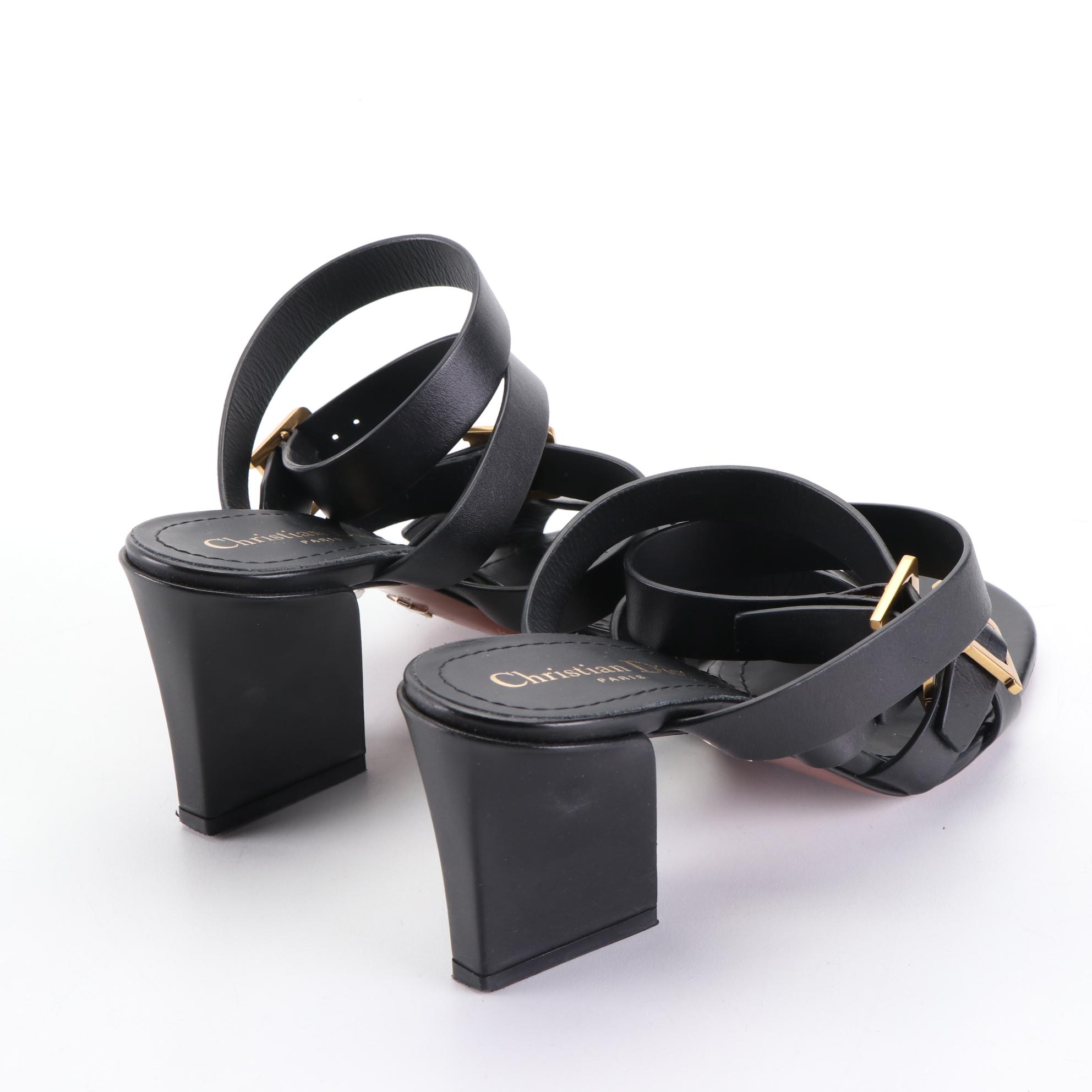 Christian Dior Black Leather Ankle Strap Dress Sandals with Box