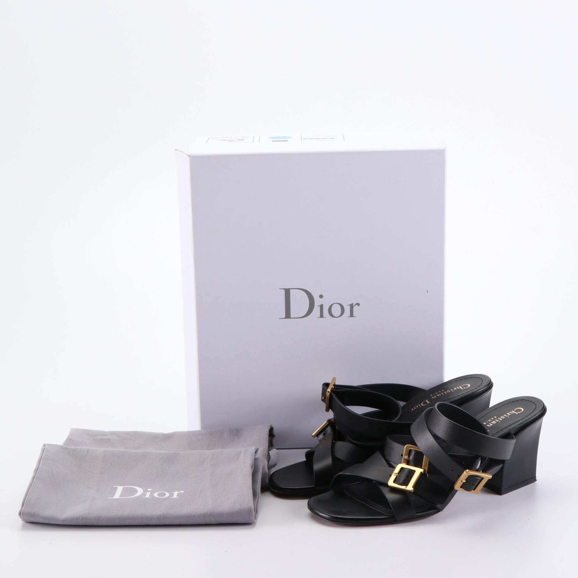 Christian Dior Black Leather Ankle Strap Dress Sandals with Box