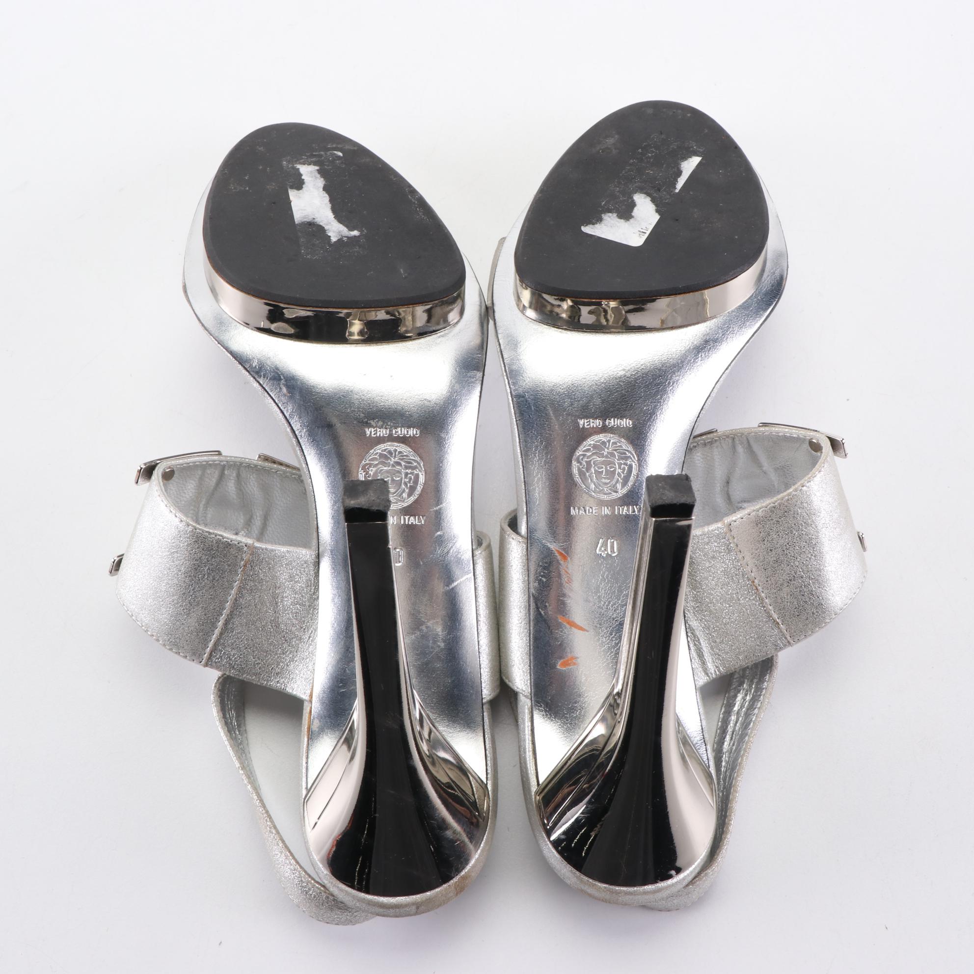 Versace Dress Sandals in Silver Metallic Leather