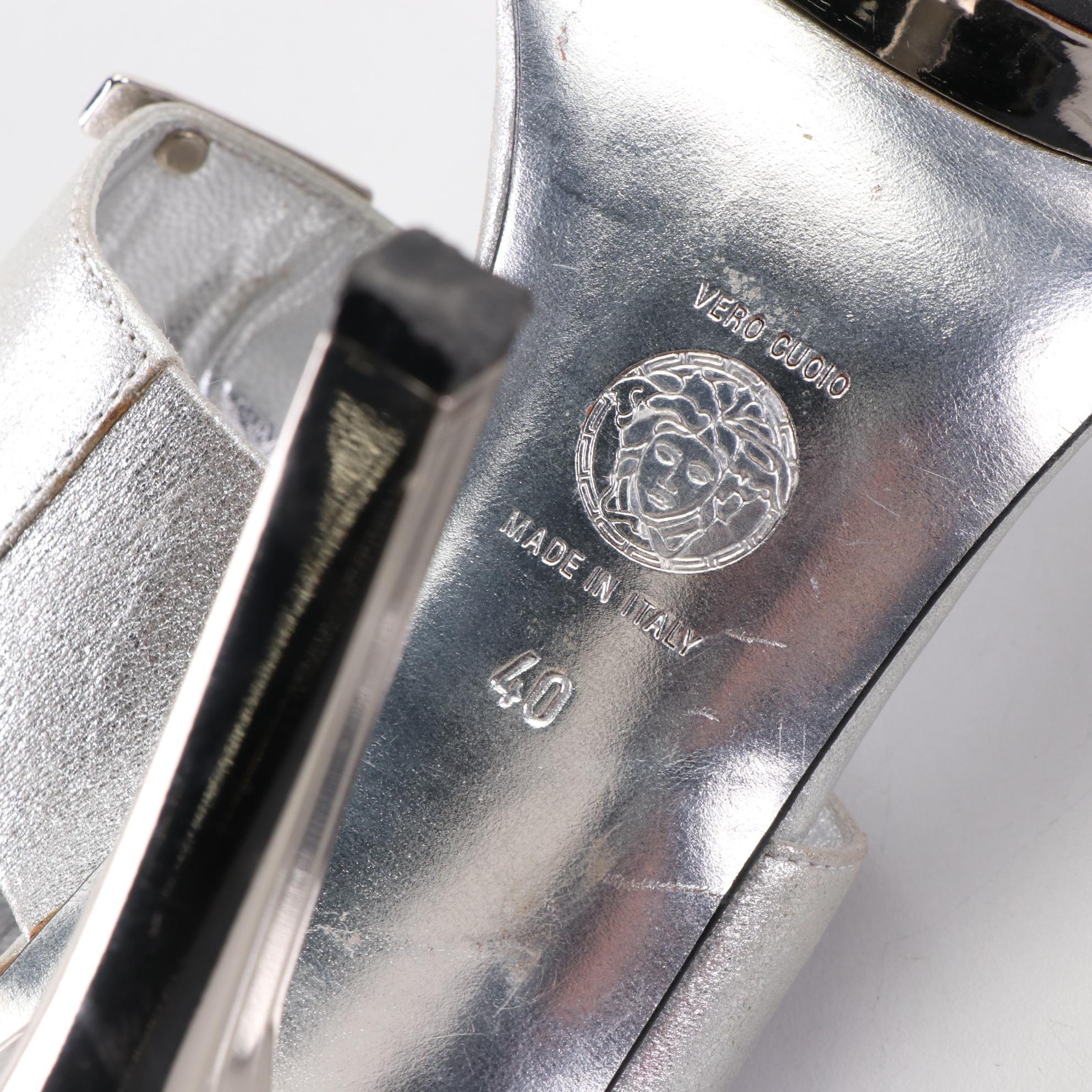 Versace Dress Sandals in Silver Metallic Leather