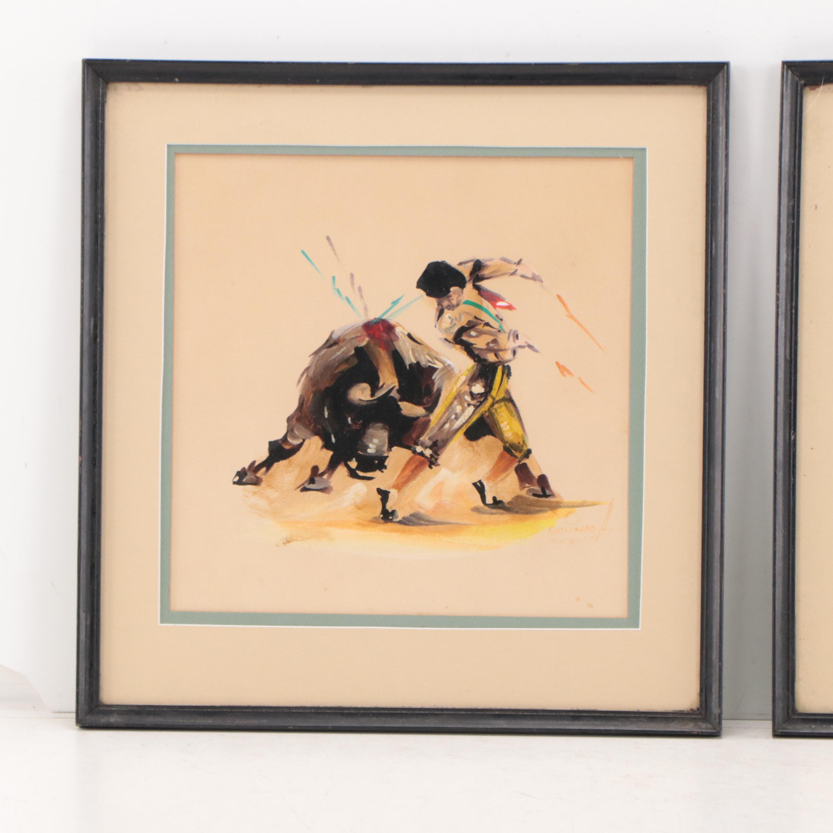 Mexican Bullfighting Genre Gouache Paintings