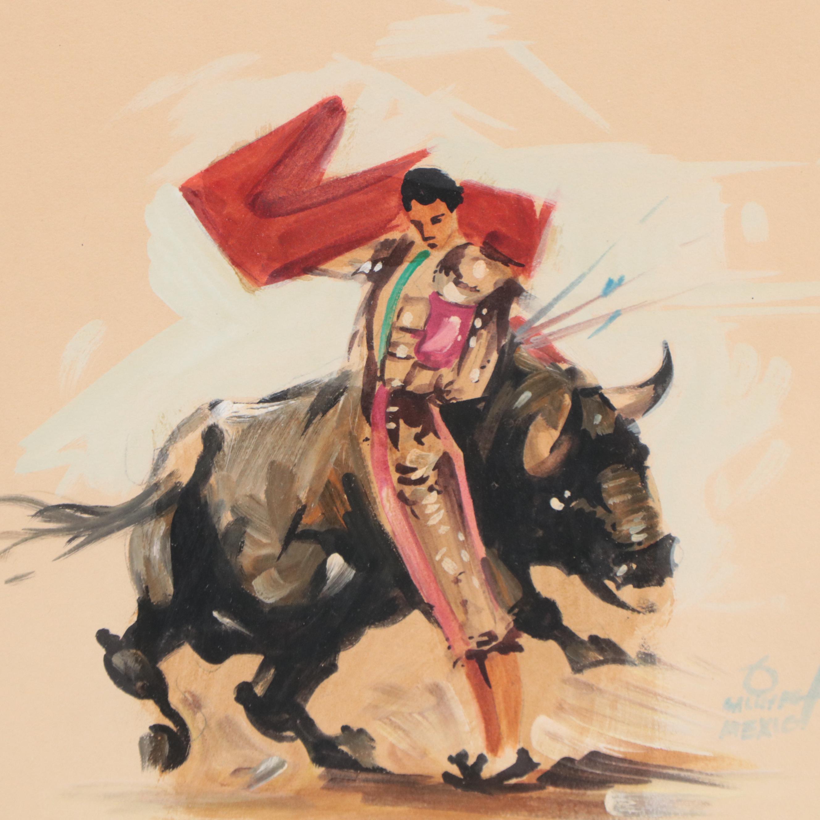 Mexican Bullfighting Genre Gouache Paintings