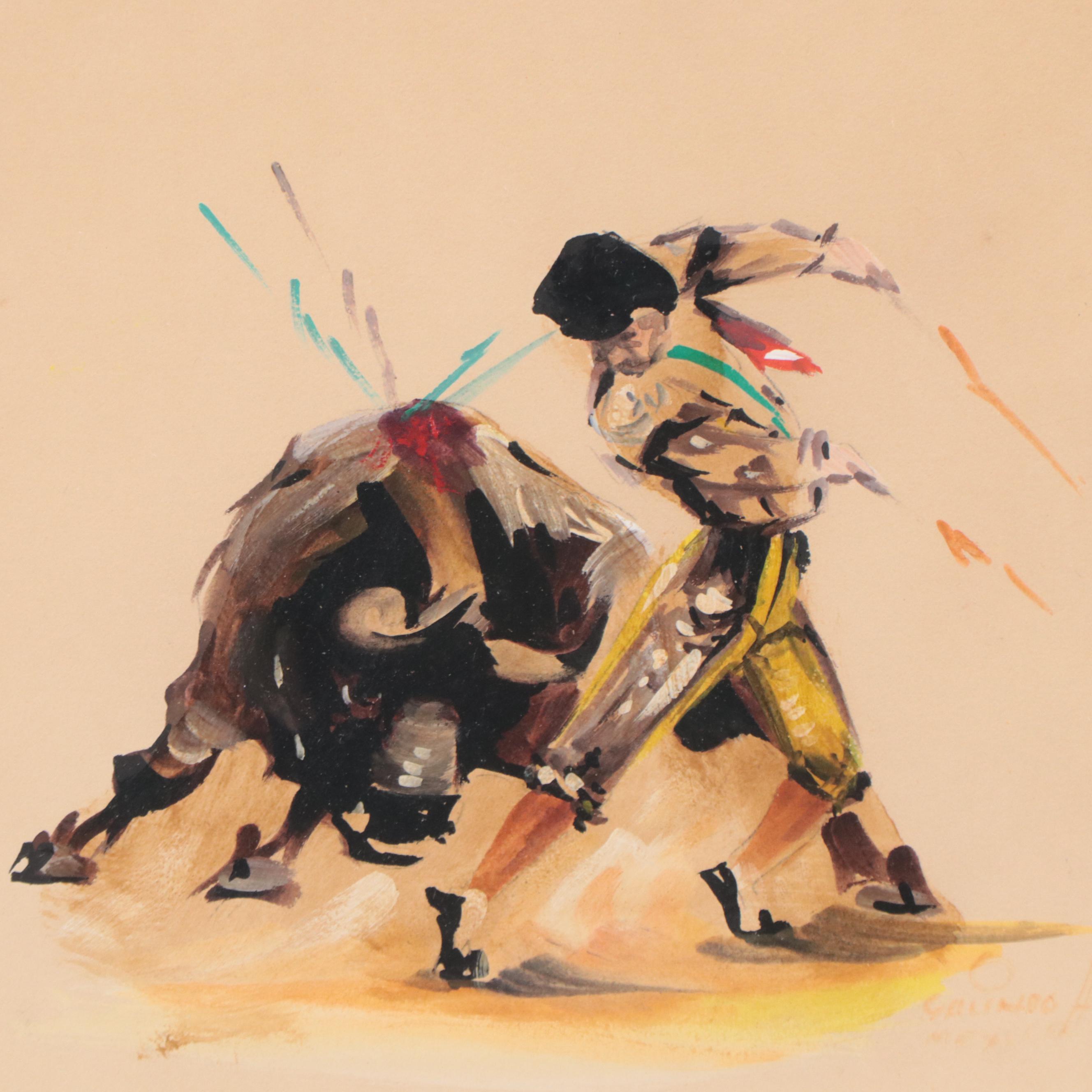 Mexican Bullfighting Genre Gouache Paintings