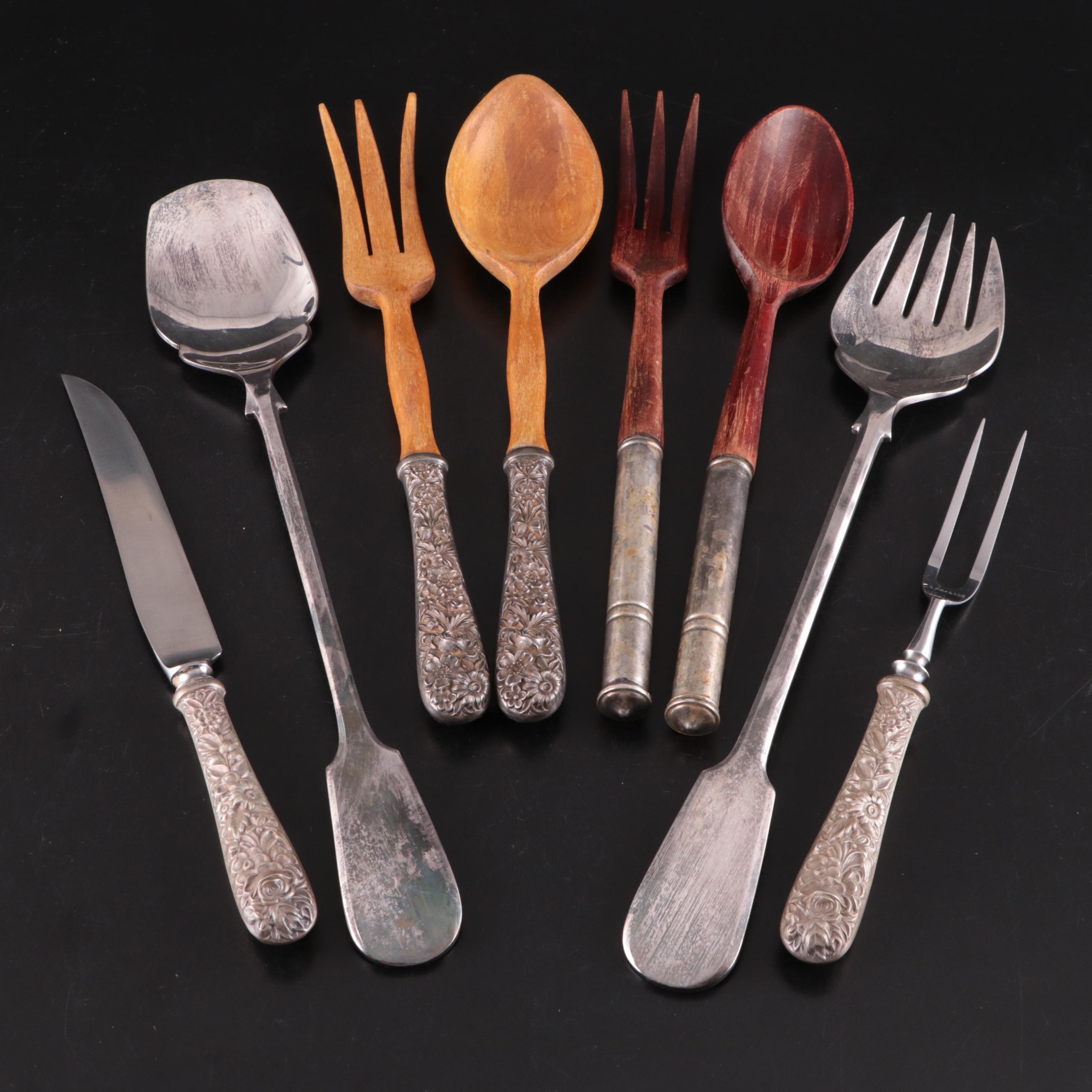 Kirk Repousse and Other Sterling Handled Salad Sets and Stainless Salad Set