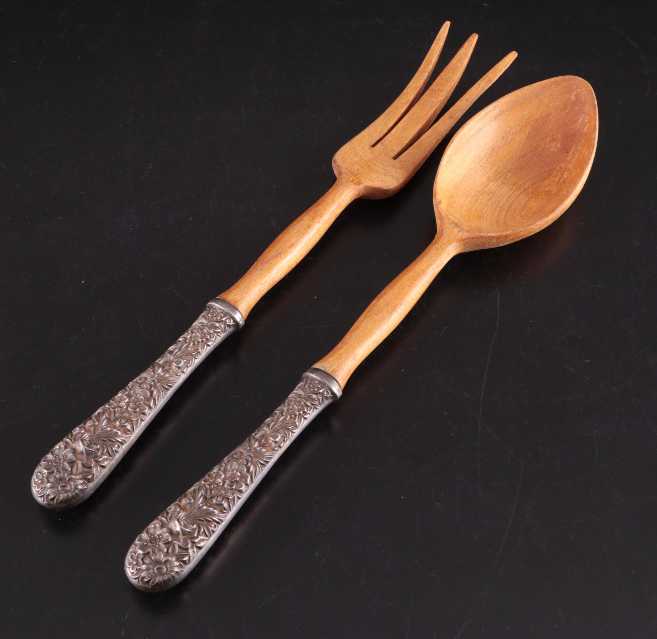 Kirk Repousse and Other Sterling Handled Salad Sets and Stainless Salad Set