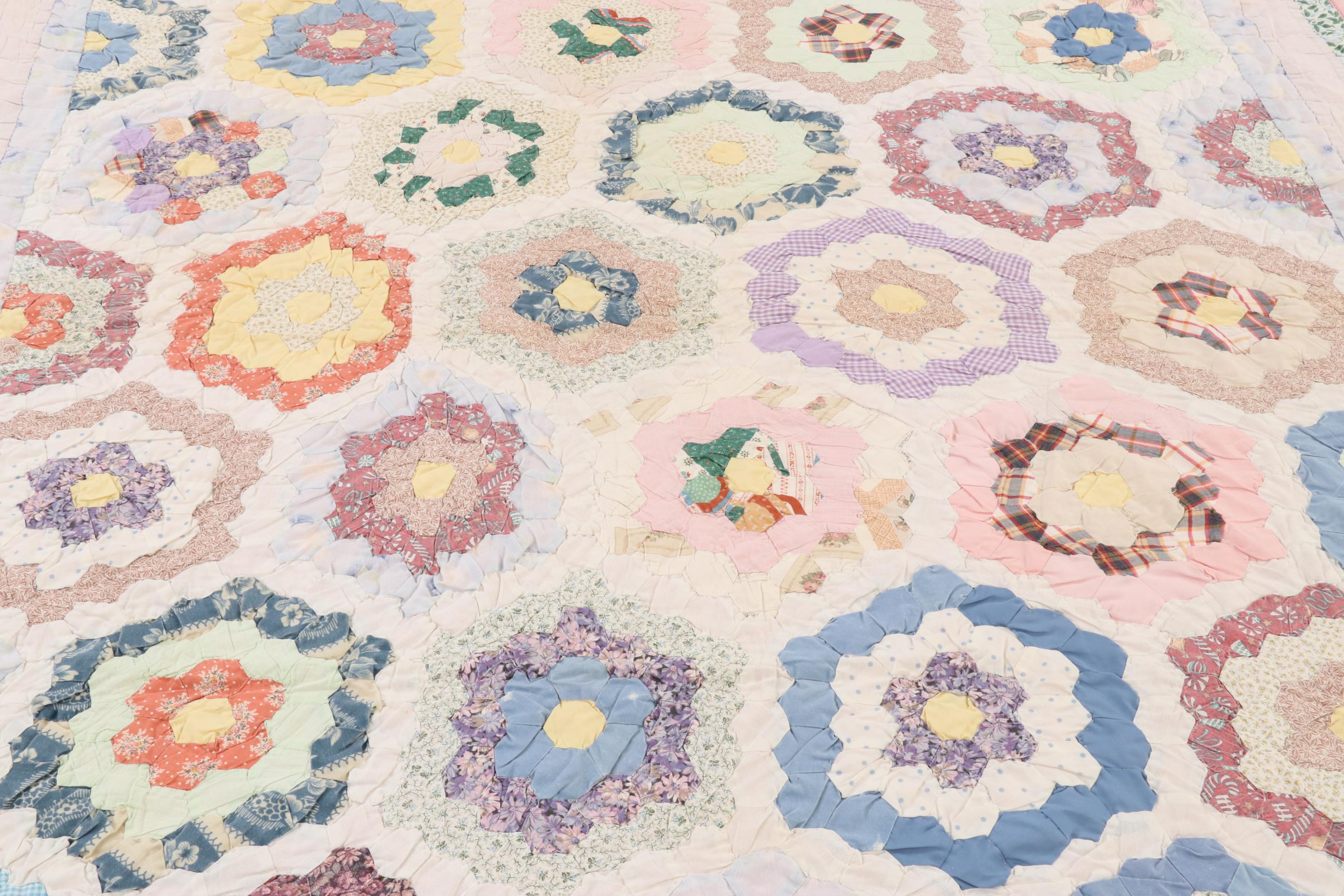 Handmade "Grandmother's Flower Garden" Patchwork Quilt