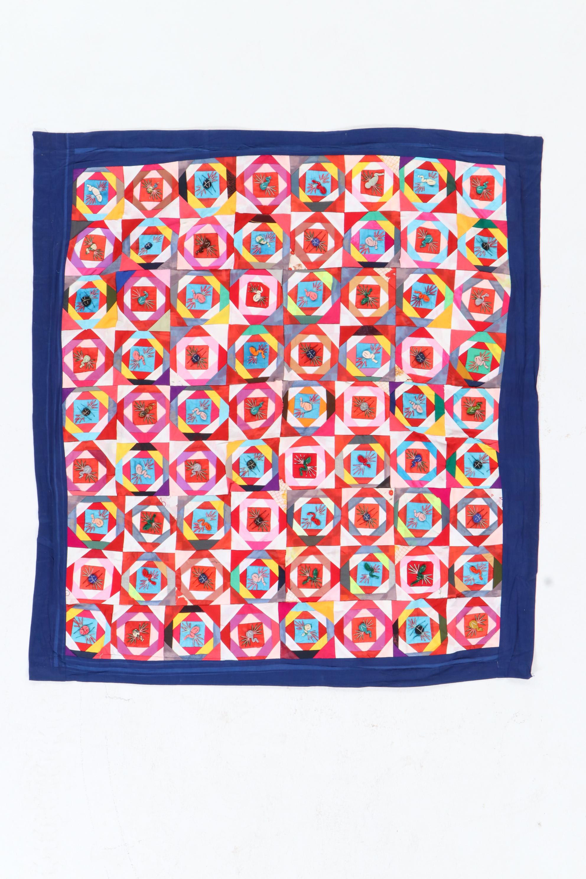 Chinese Embroidered and Appliqued  "Bai Jia Bei" One Hundred Families Quilt