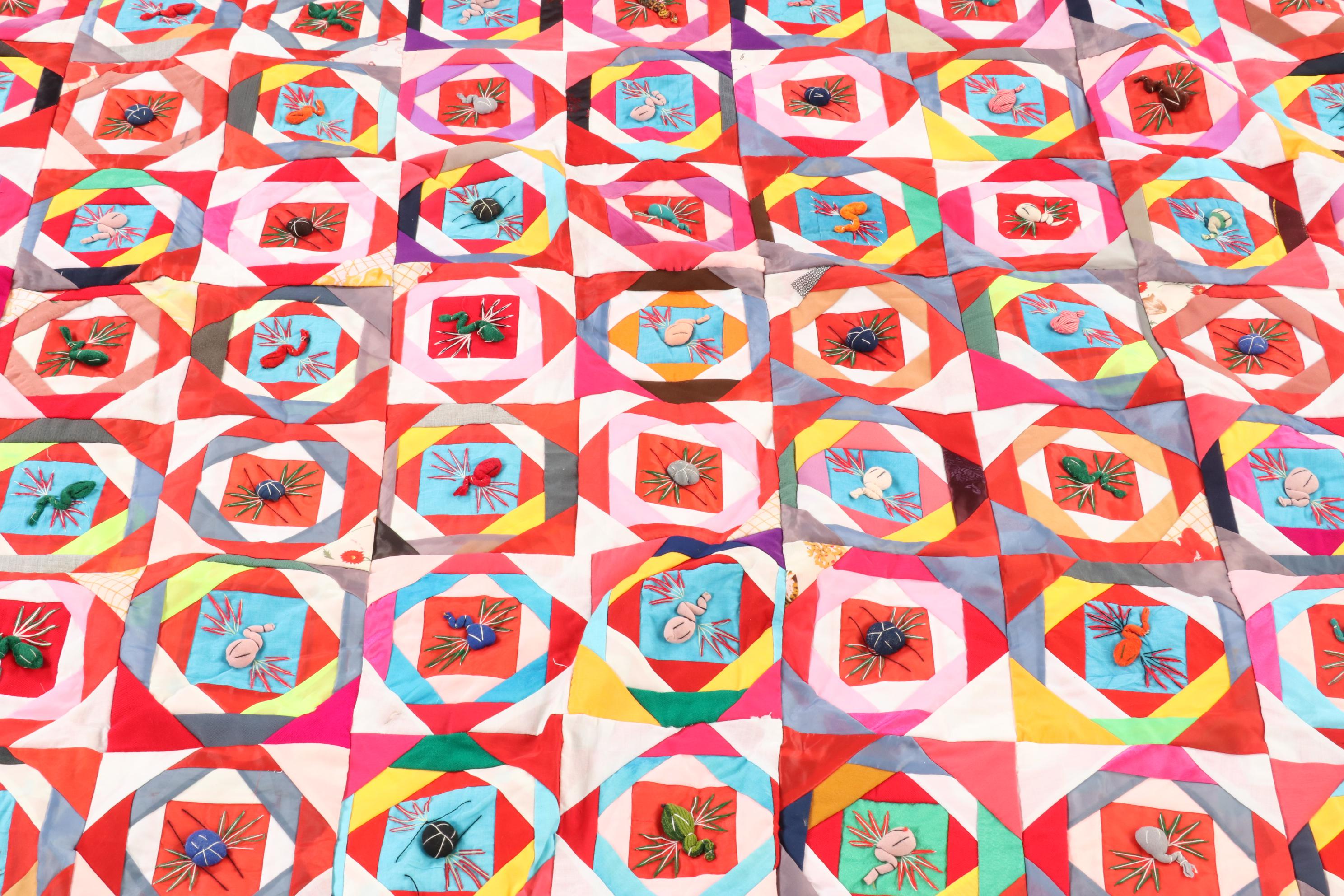 Chinese Embroidered and Appliqued  "Bai Jia Bei" One Hundred Families Quilt