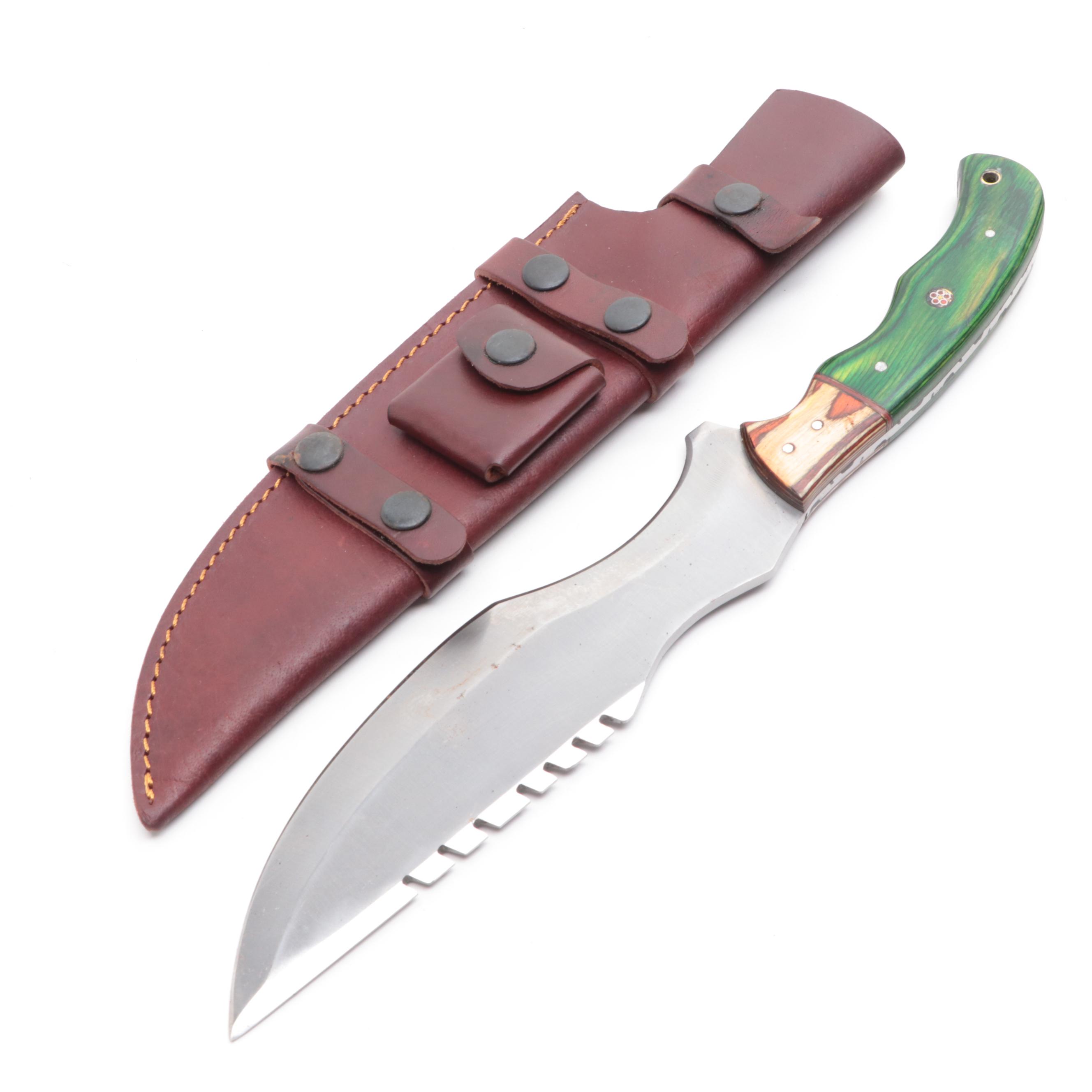 Wooden Handled and Stainless Steel Fixed Blade Knife with Leather Scabbard