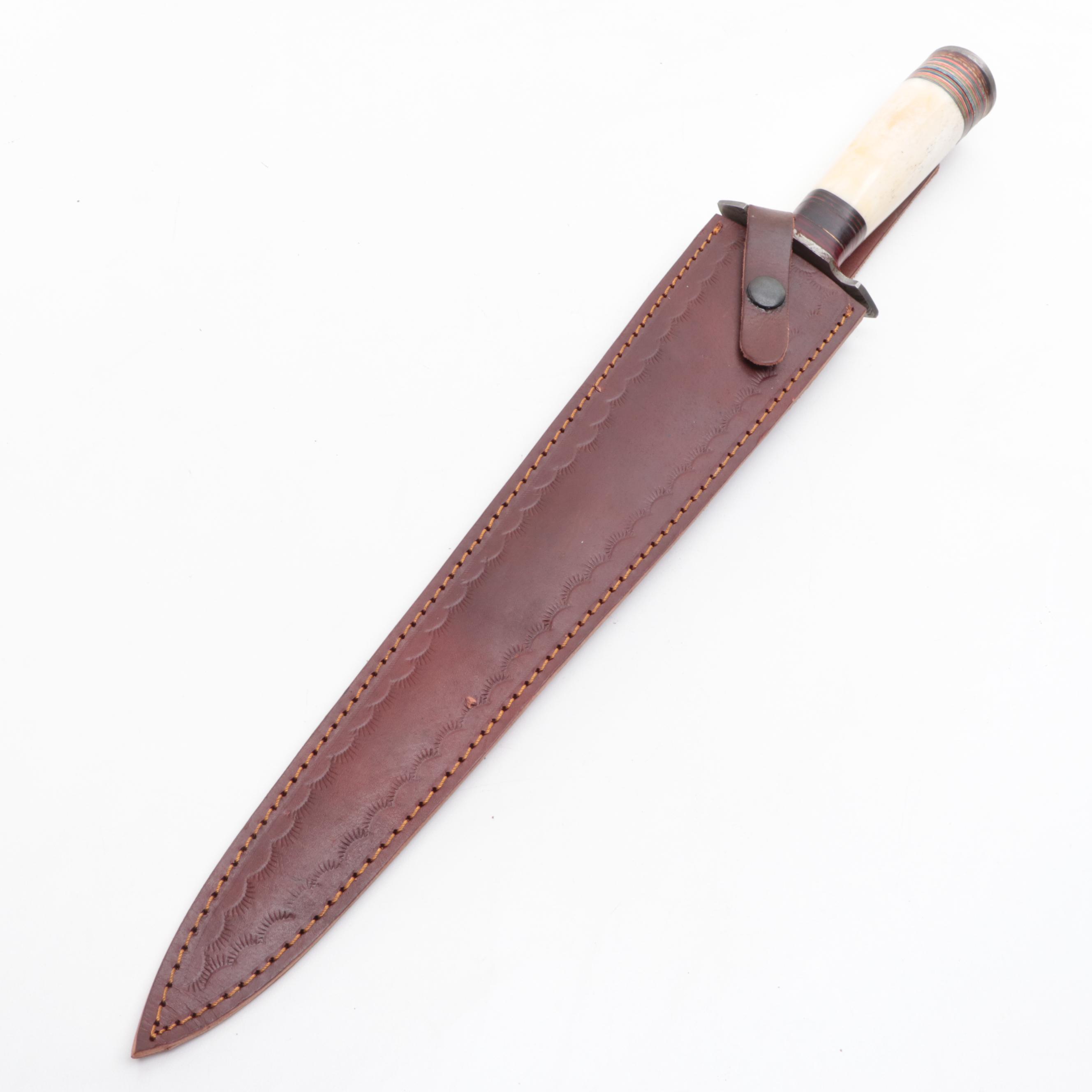 Bone Handled and Damascus Steel Dagger with Leather Scabbard