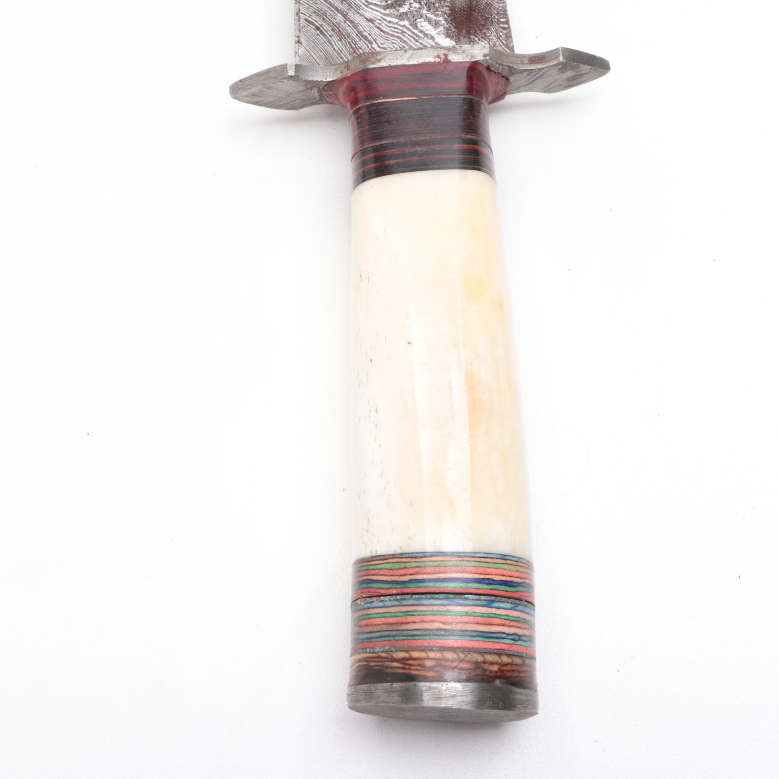 Bone Handled and Damascus Steel Dagger with Leather Scabbard