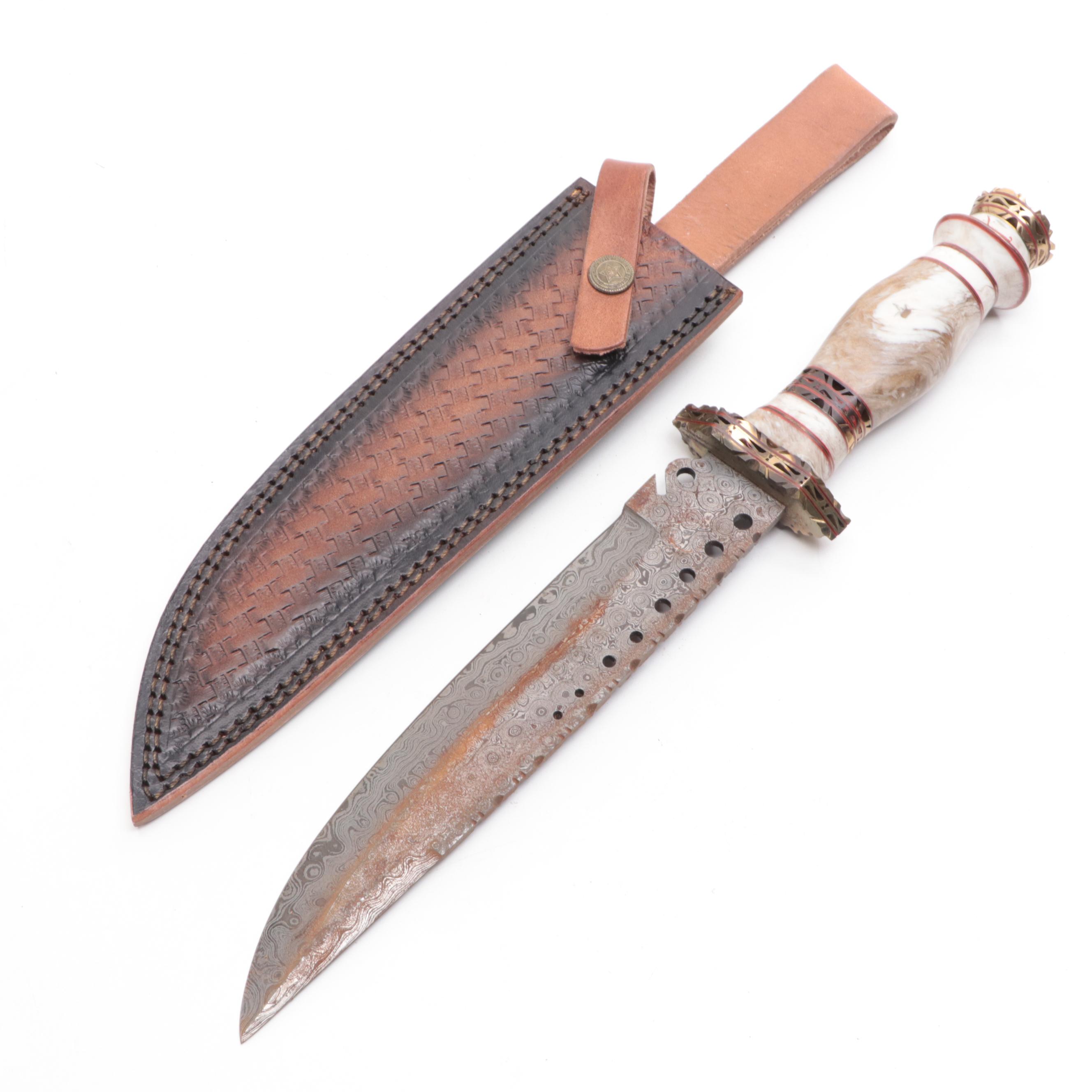 Damascus Steel Fixed Blade Knife with Leather Scabbard
