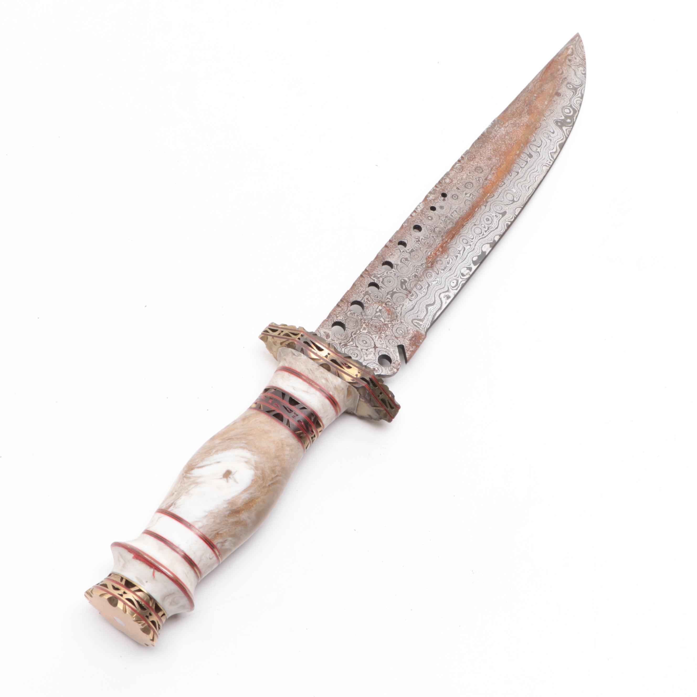 Damascus Steel Fixed Blade Knife with Leather Scabbard