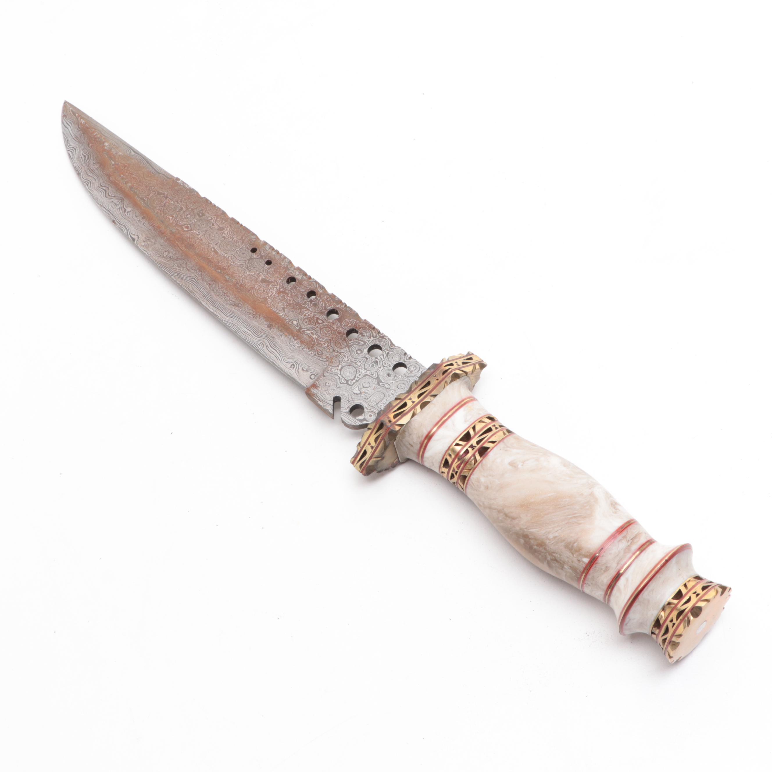 Damascus Steel Fixed Blade Knife with Leather Scabbard