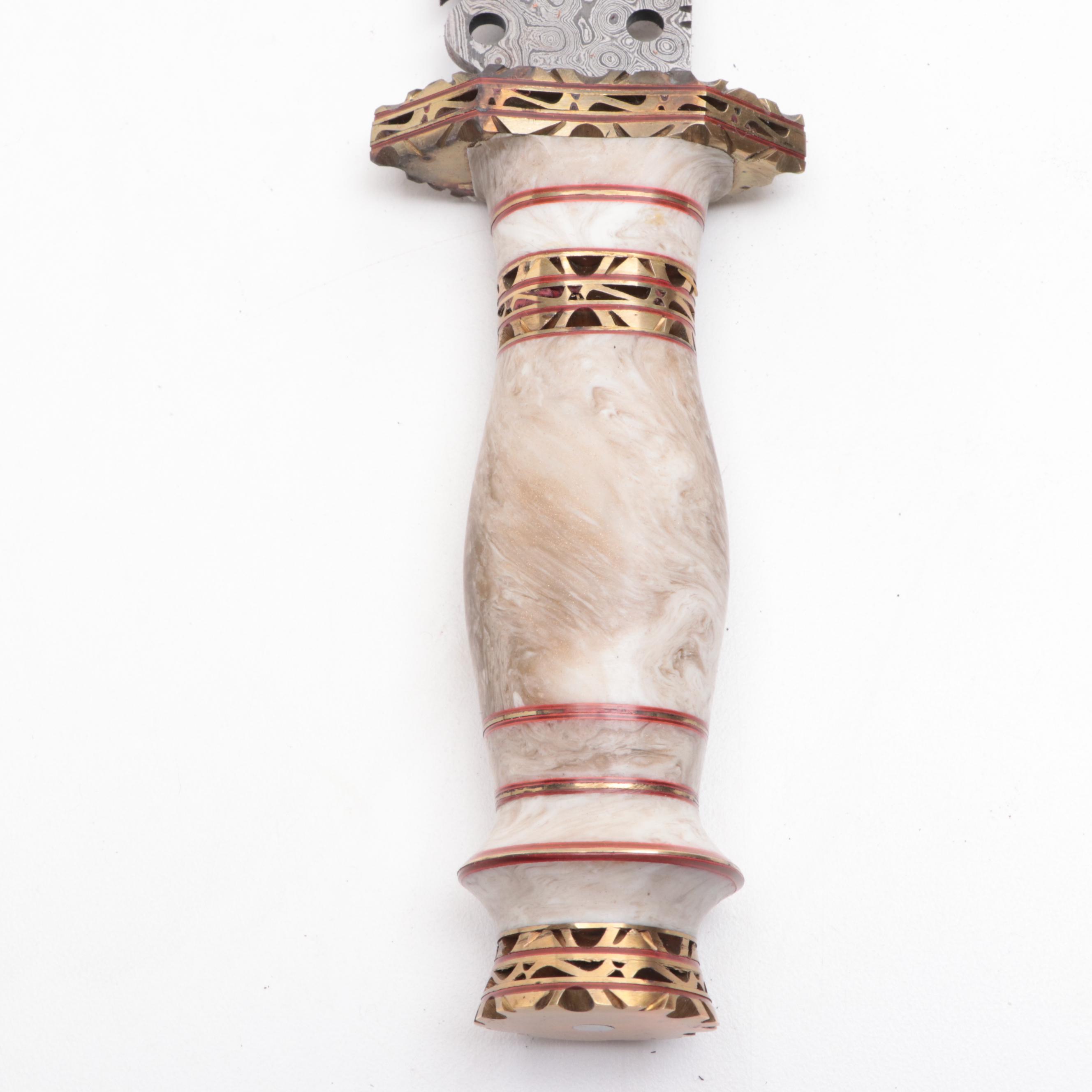 Damascus Steel Fixed Blade Knife with Leather Scabbard