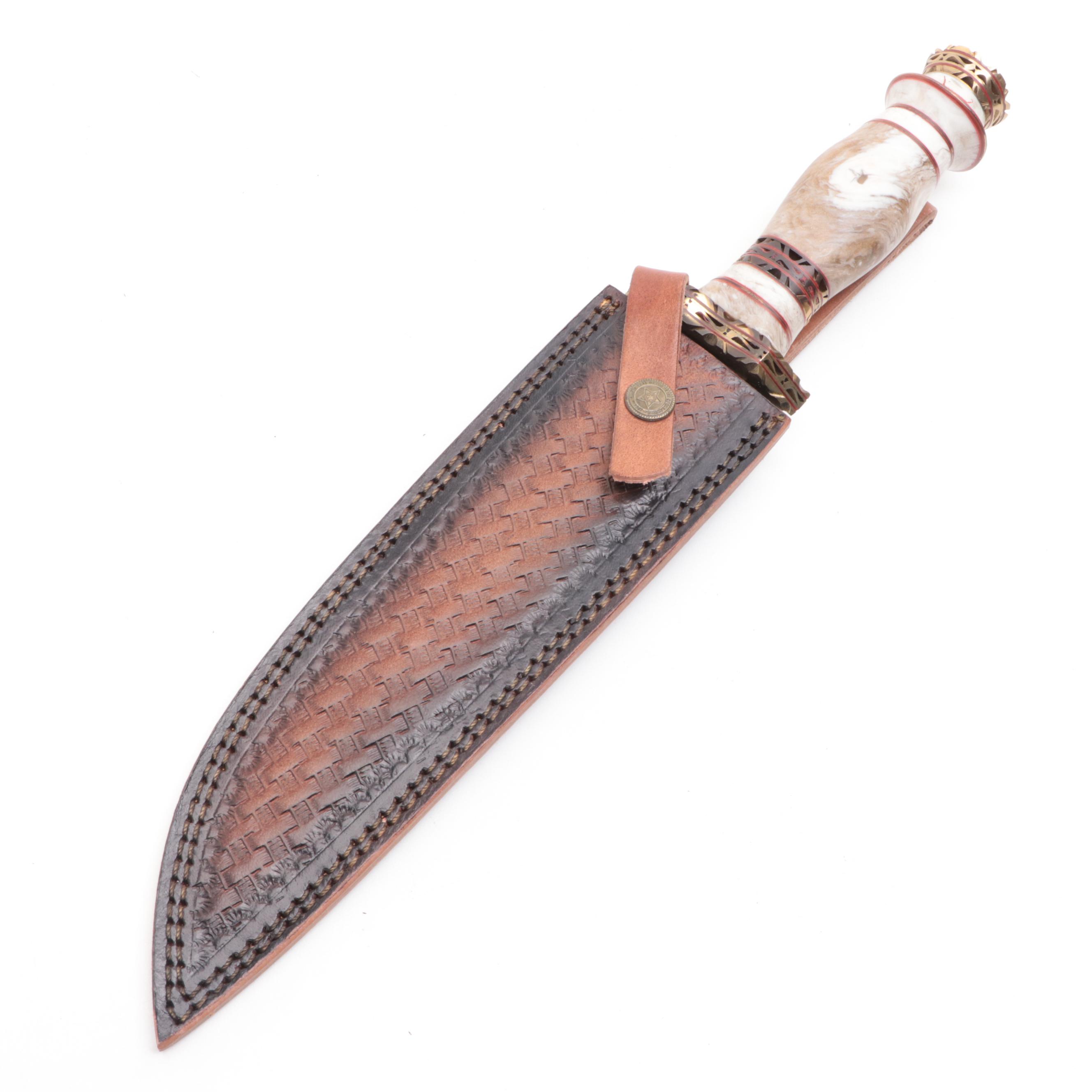 Damascus Steel Fixed Blade Knife with Leather Scabbard