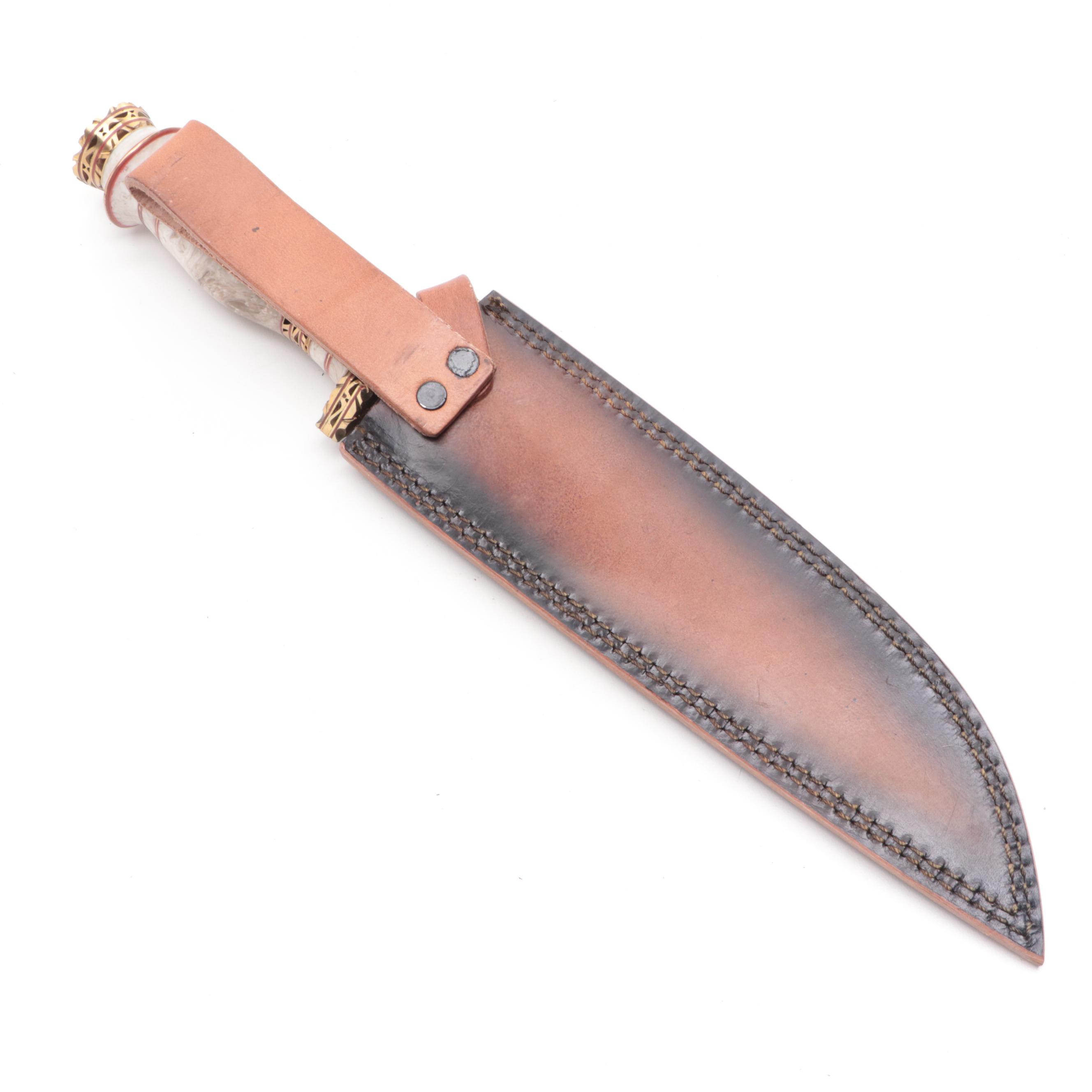 Damascus Steel Fixed Blade Knife with Leather Scabbard