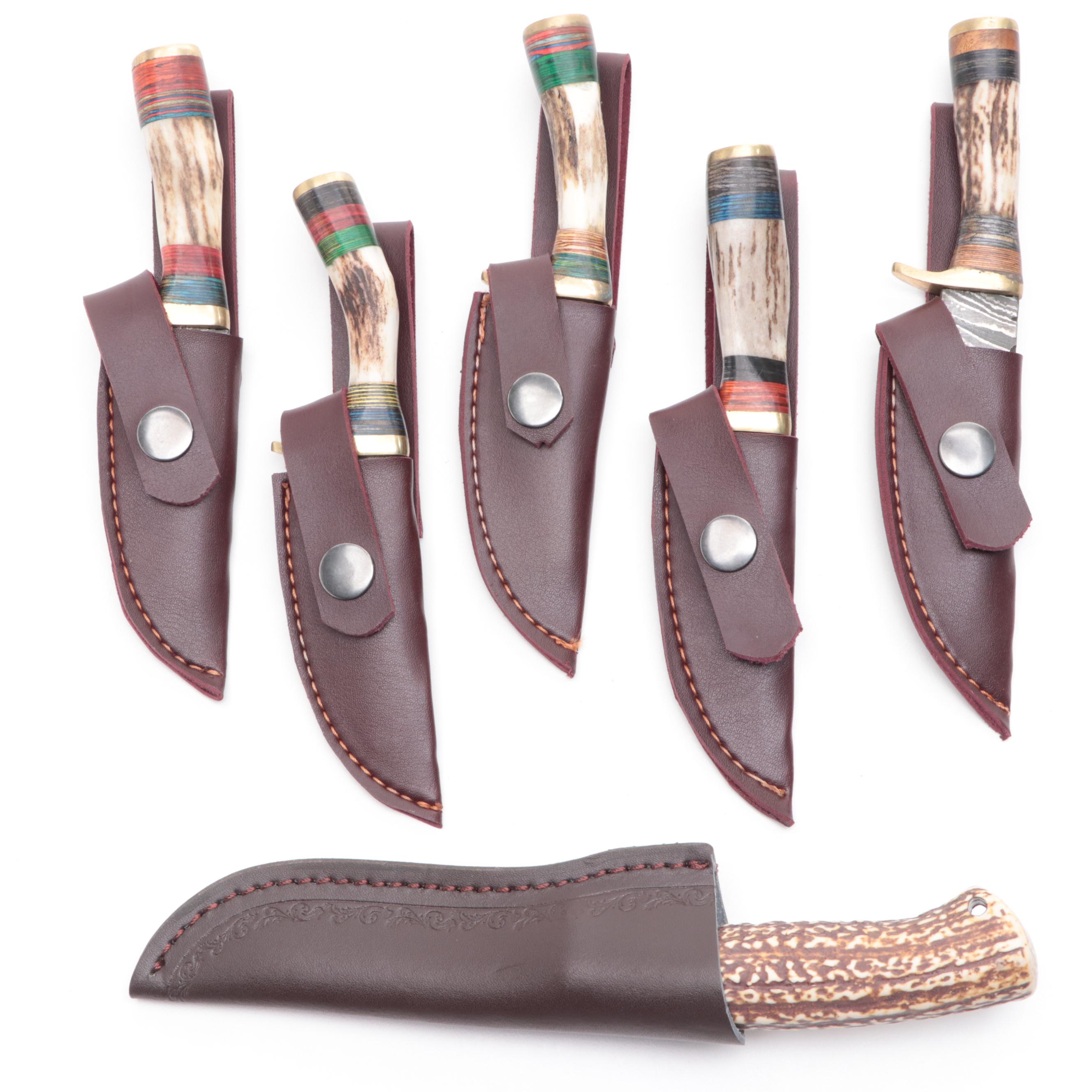 Antler Handled and Damascus Steel Fixed Blade Knives with Scabbards