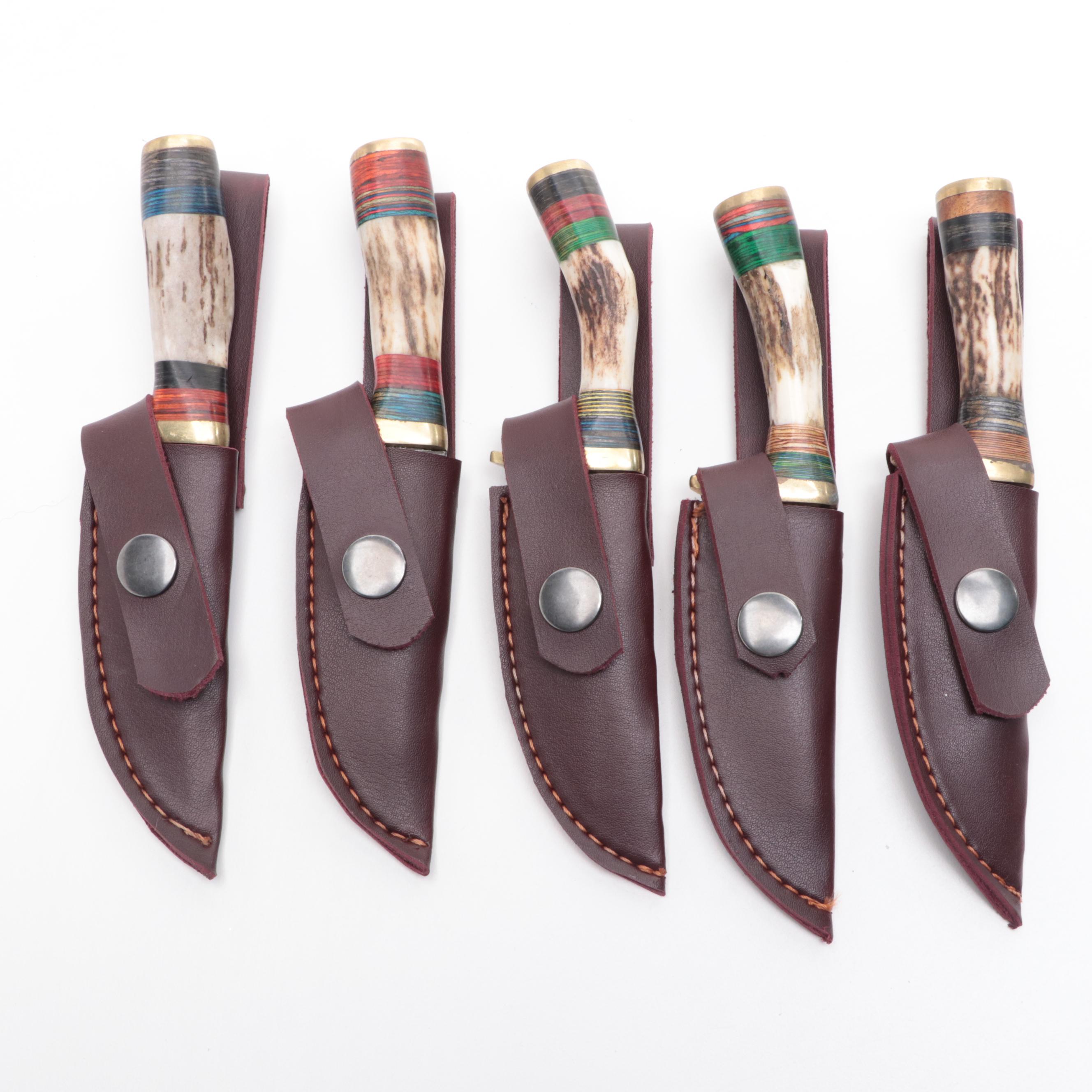 Antler Handled and Damascus Steel Fixed Blade Knives with Scabbards